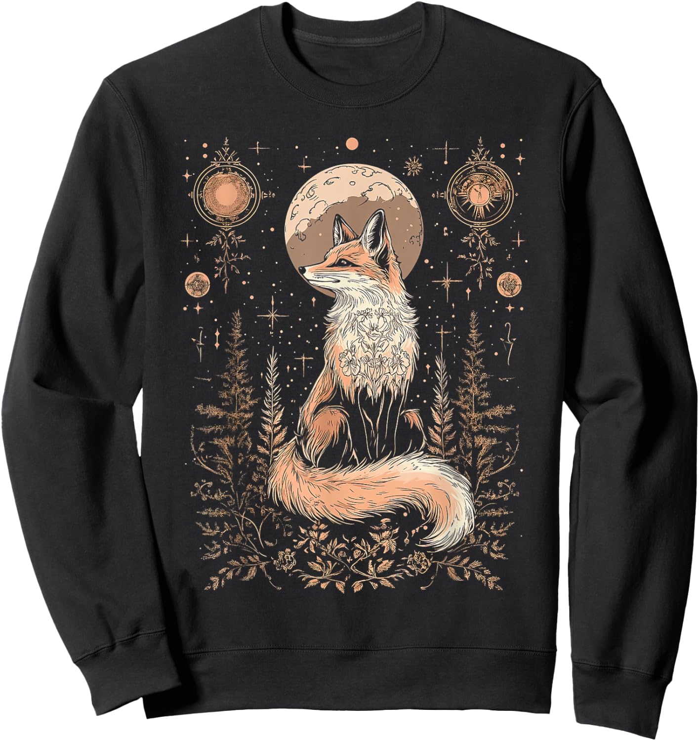 Mystic Moon and Moonphase Fox Mystical Flowers Aesthetic Sweatshirt - Sweatshirt | Black