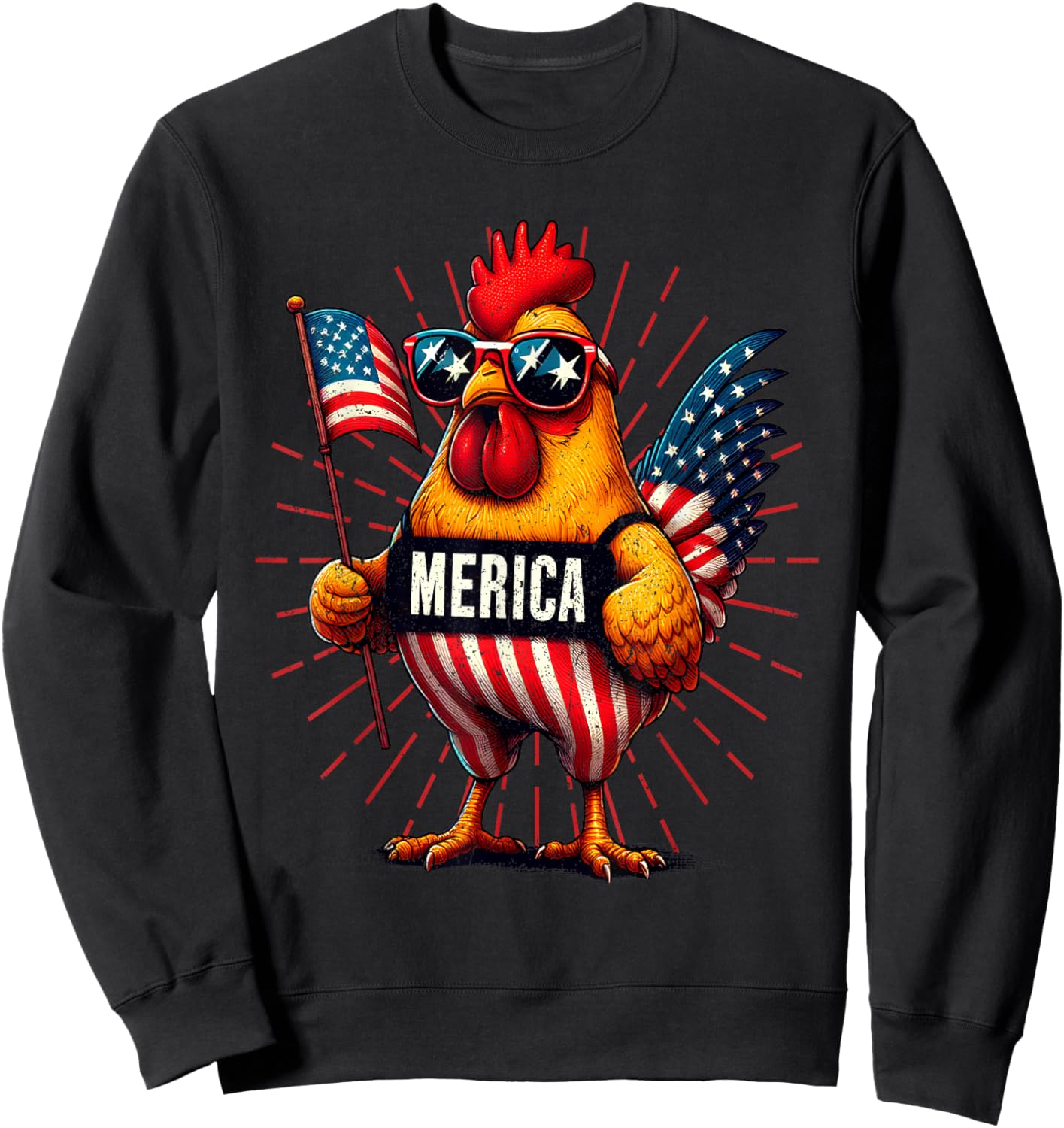 Merica Chicken Rooster 4th of July Patriotic American Flag Sweatshirt - Sweatshirt | Black