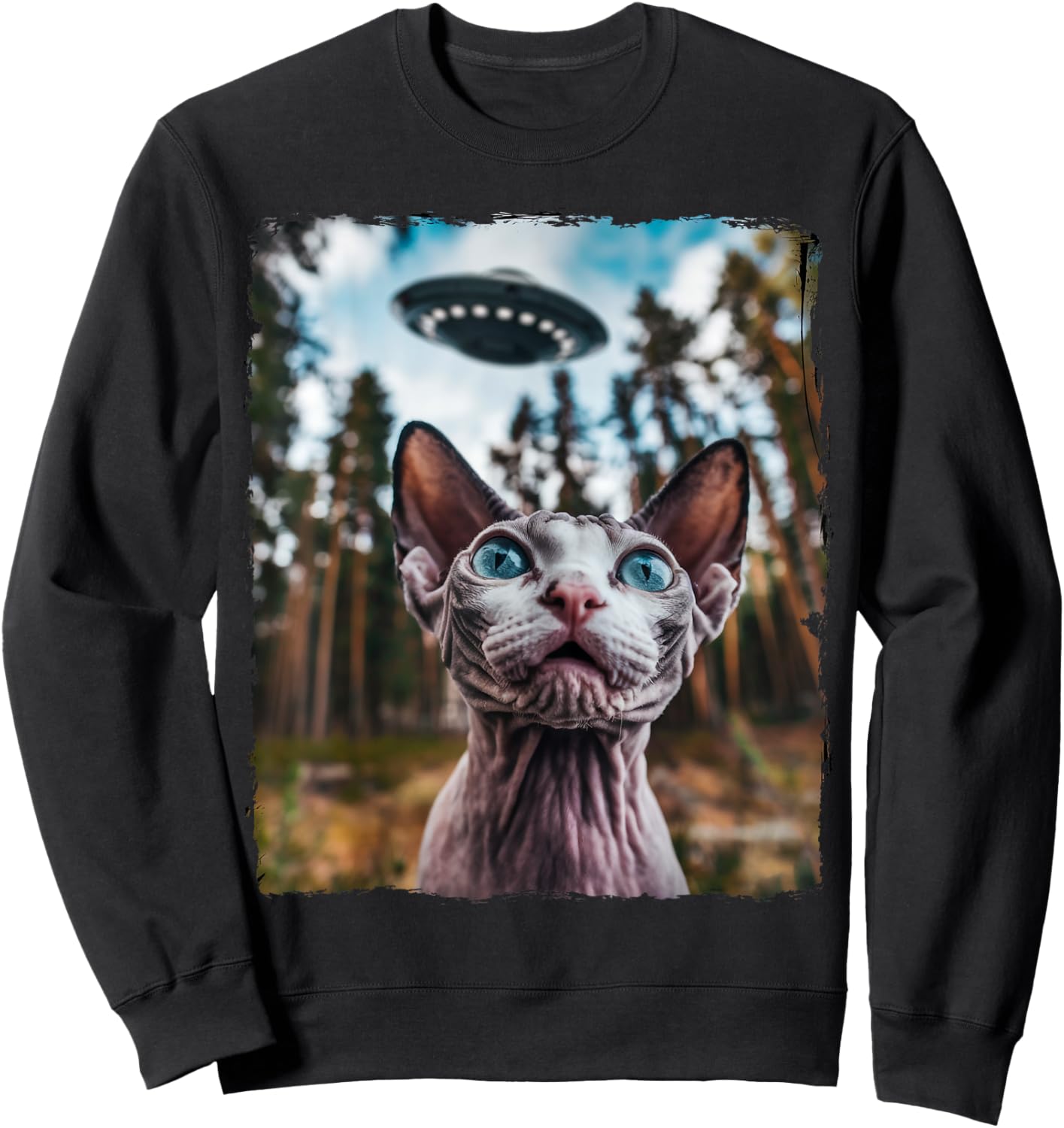 Sphynx Cat Selfie With Alien UFO Cat Gifts Women Kid Sweatshirt - Sweatshirt | Black