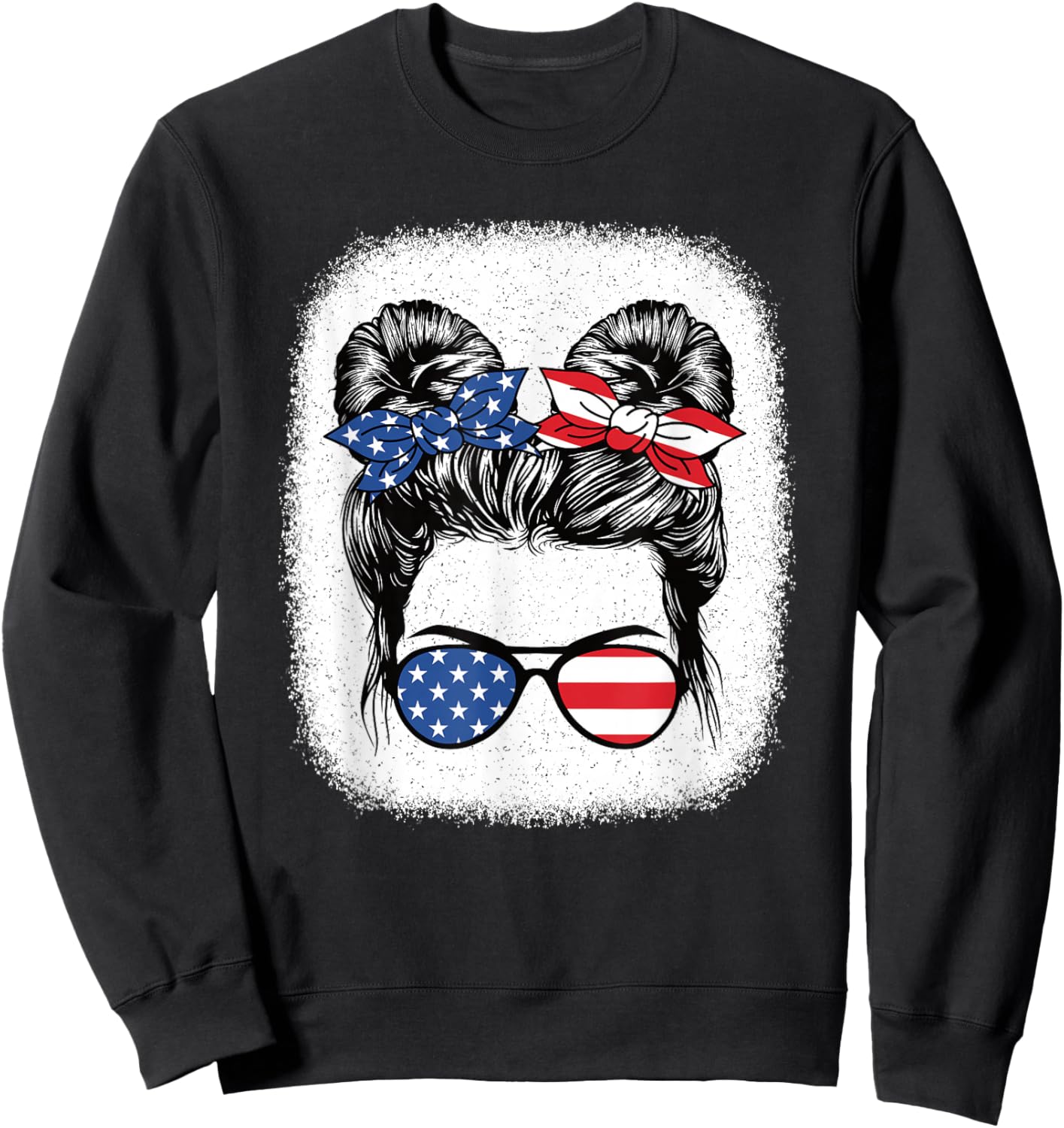 Cute 4th of July Messy Bun Girl American Flag Patriotic USA Sweatshirt - Sweatshirt | Black