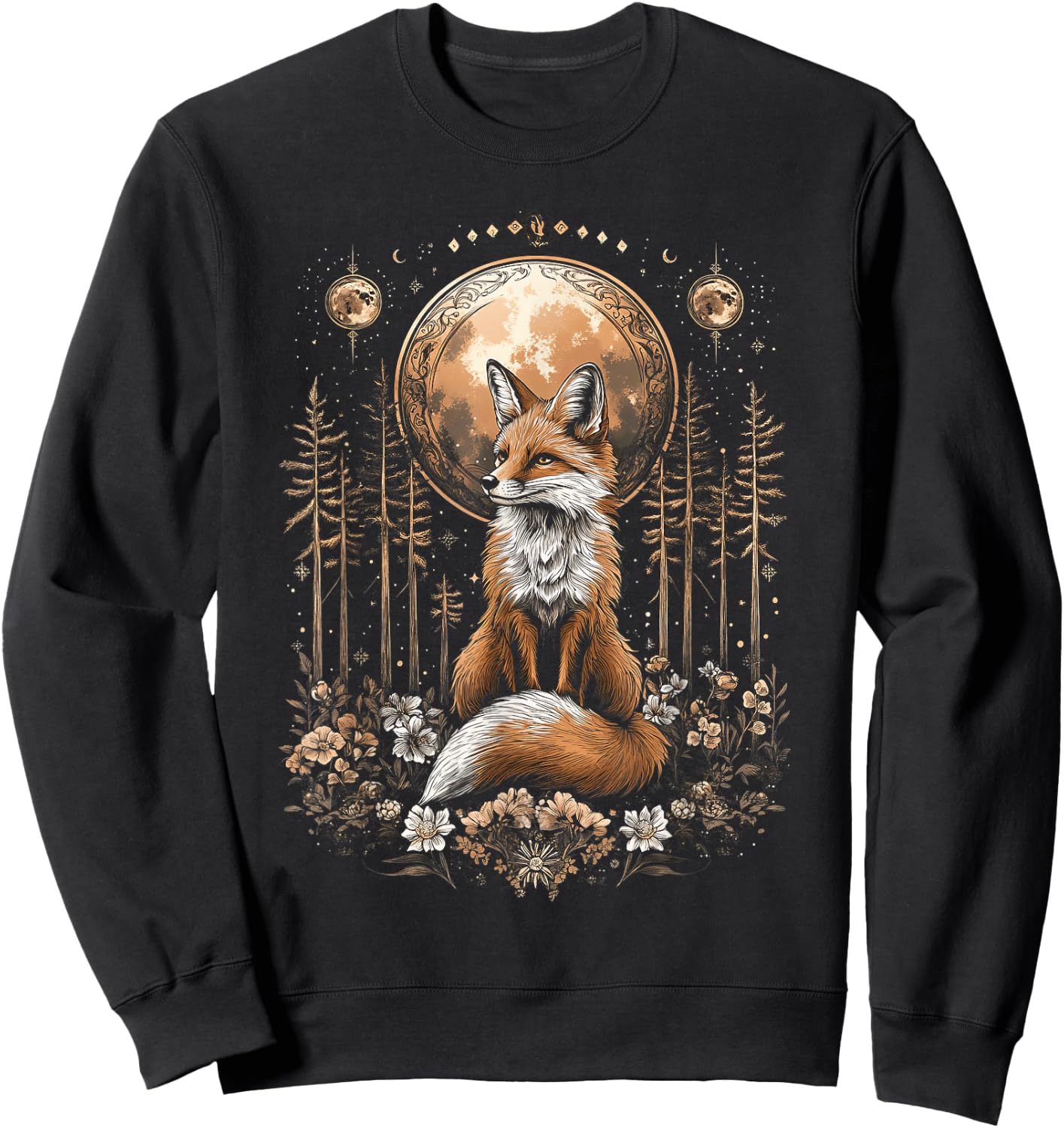 Mystic Moon and Moonphase Fox Mystical Flowers Aesthetic Sweatshirt - Sweatshirt | Black