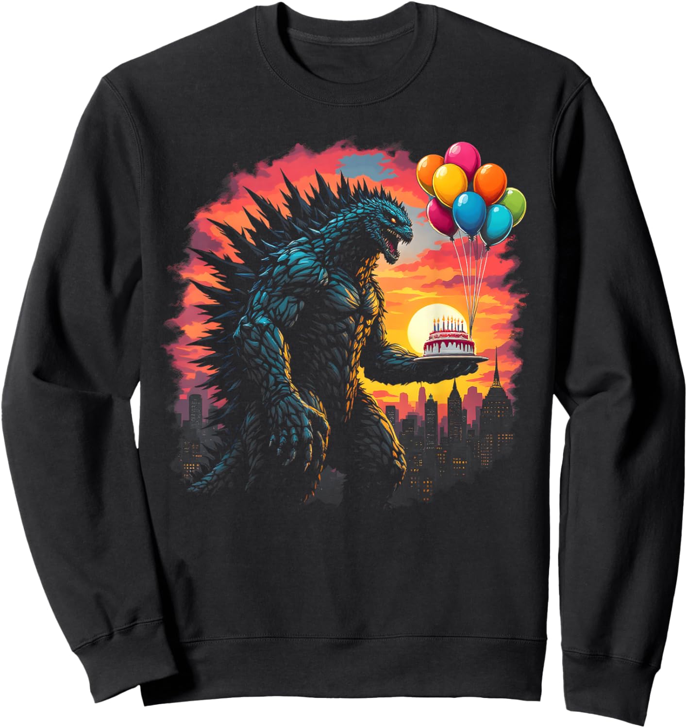 Kaiju Balloon And Cake Funny Japanese Monster Lover Birthday Sweatshirt - Sweatshirt | Black