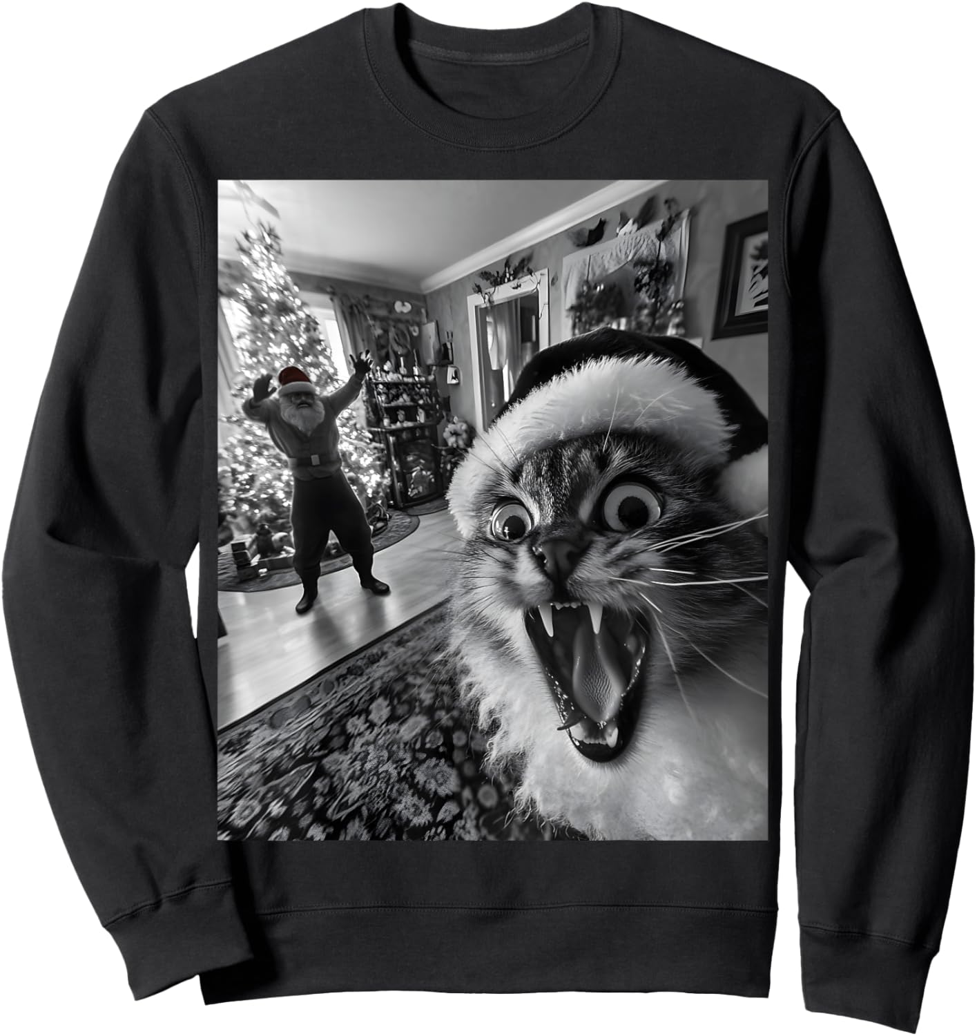 Funny Cat Selfie With Santa Christmas Men Women Sweatshirt - Sweatshirt | Black