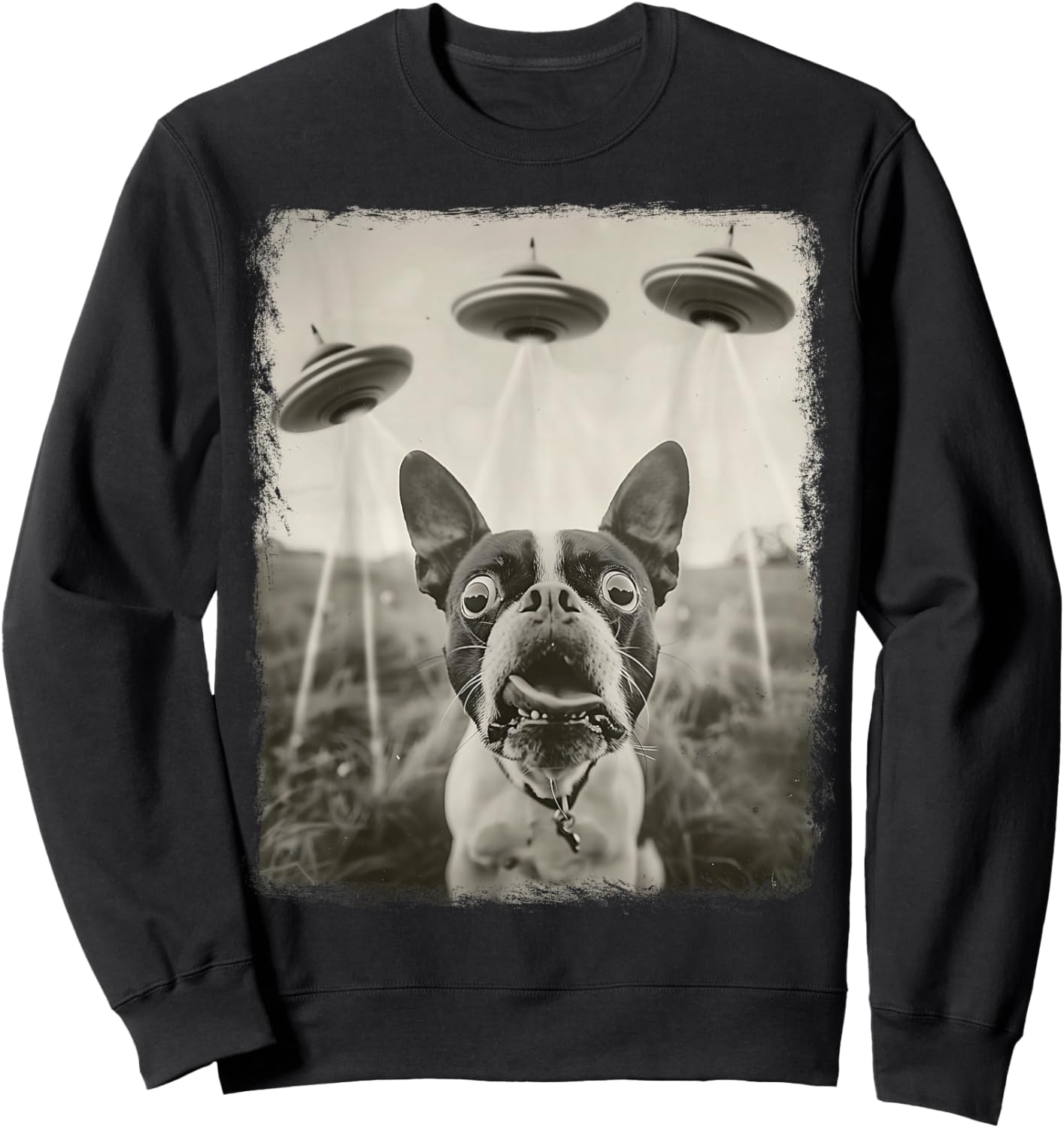 Boston Terrier Dog UFO Alien Extraterrestrial Selfie Sweatshirt - Sweatshirt | Black