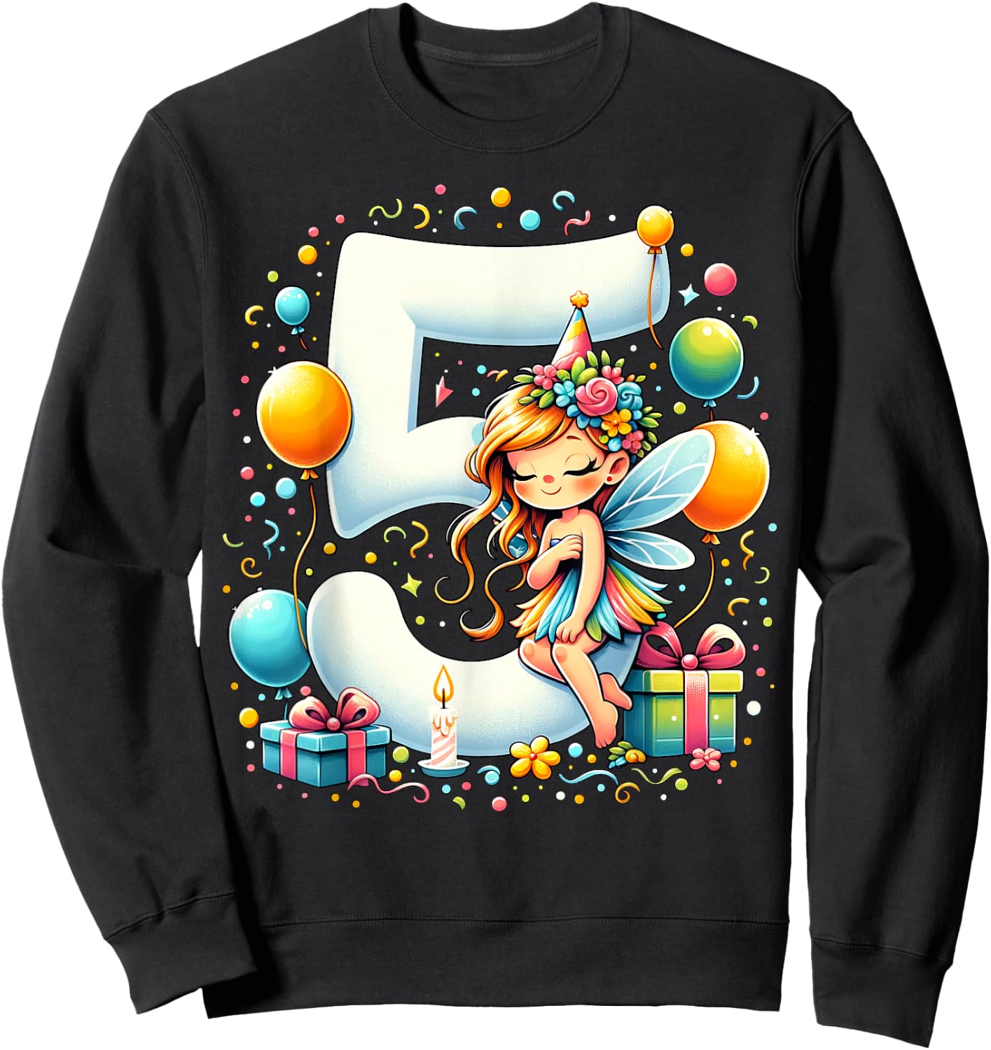 Kids Fairy Theme fifth Bday Party 5th Fairy Birthday Sweatshirt - Sweatshirt | Black