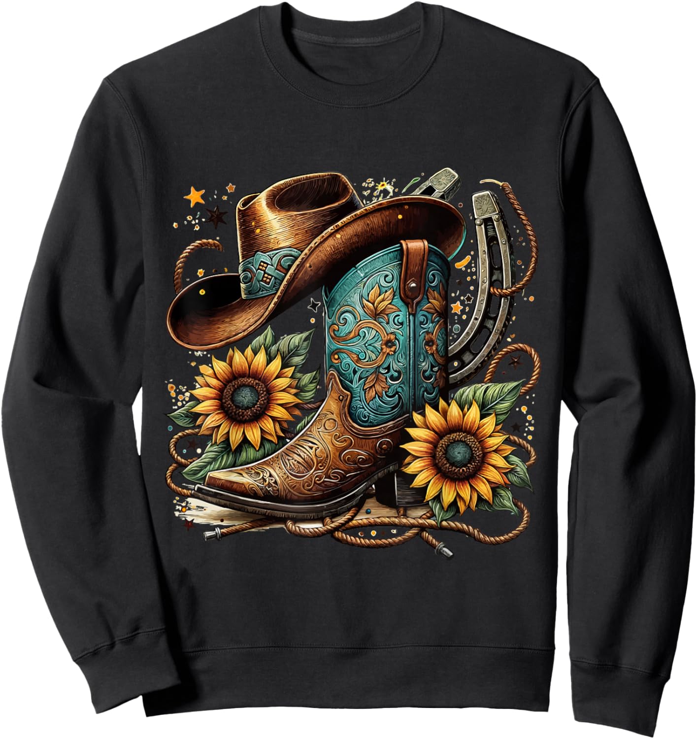 Western Cowboy Boot Horseshoe Sunflower Rope Cowgirl Boot , Small, Black Sweatshirt - Sweatshirt | Black