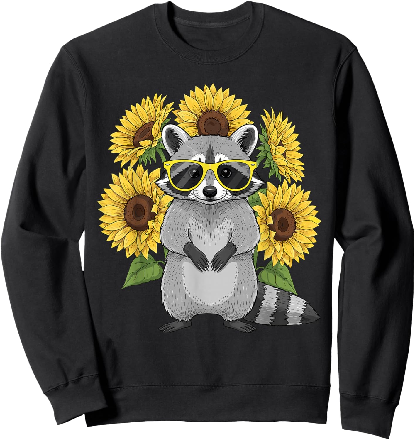 Cute Raccoon with Sunglasses and Sunflowers Women Sweatshirt - Sweatshirt | Black