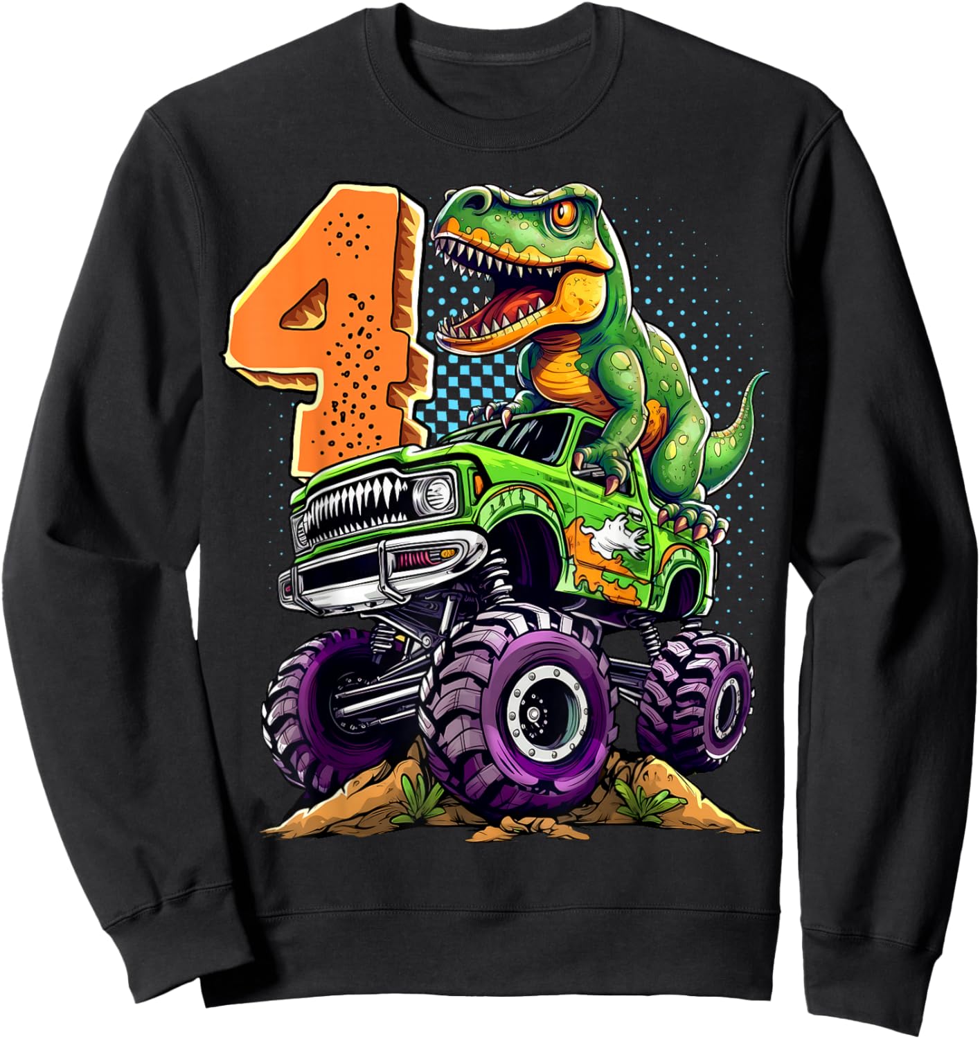 Monster Truck Dinosaur T-Rex 4th Birthday Boy 4 Year Old Sweatshirt - Sweatshirt | Black