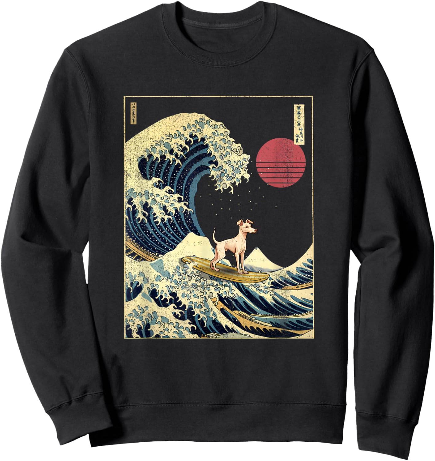 Italian Greyhound Japanese Kanagawa Wave Funny Surf Dog Sweatshirt - Sweatshirt | Black
