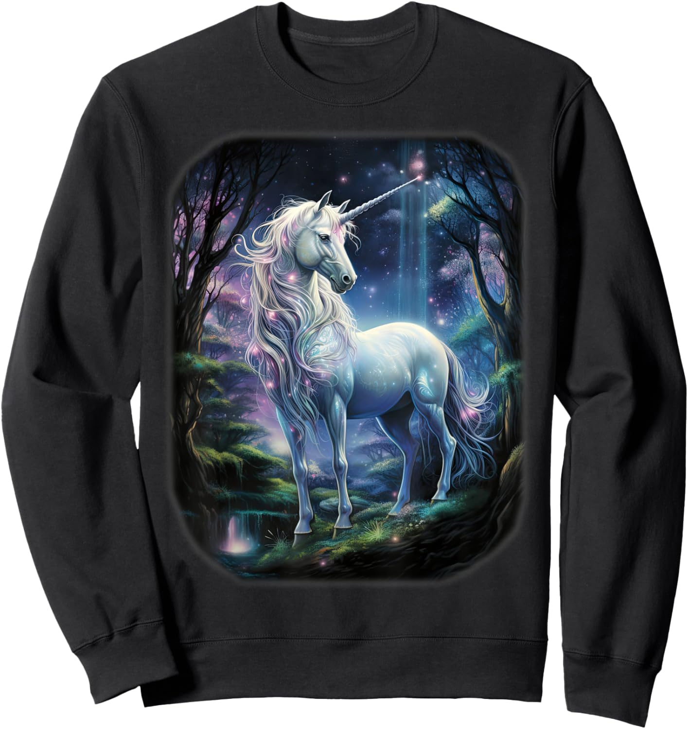 Fantasy white Unicorn standing in forest universe. Sweatshirt - Sweatshirt | Black