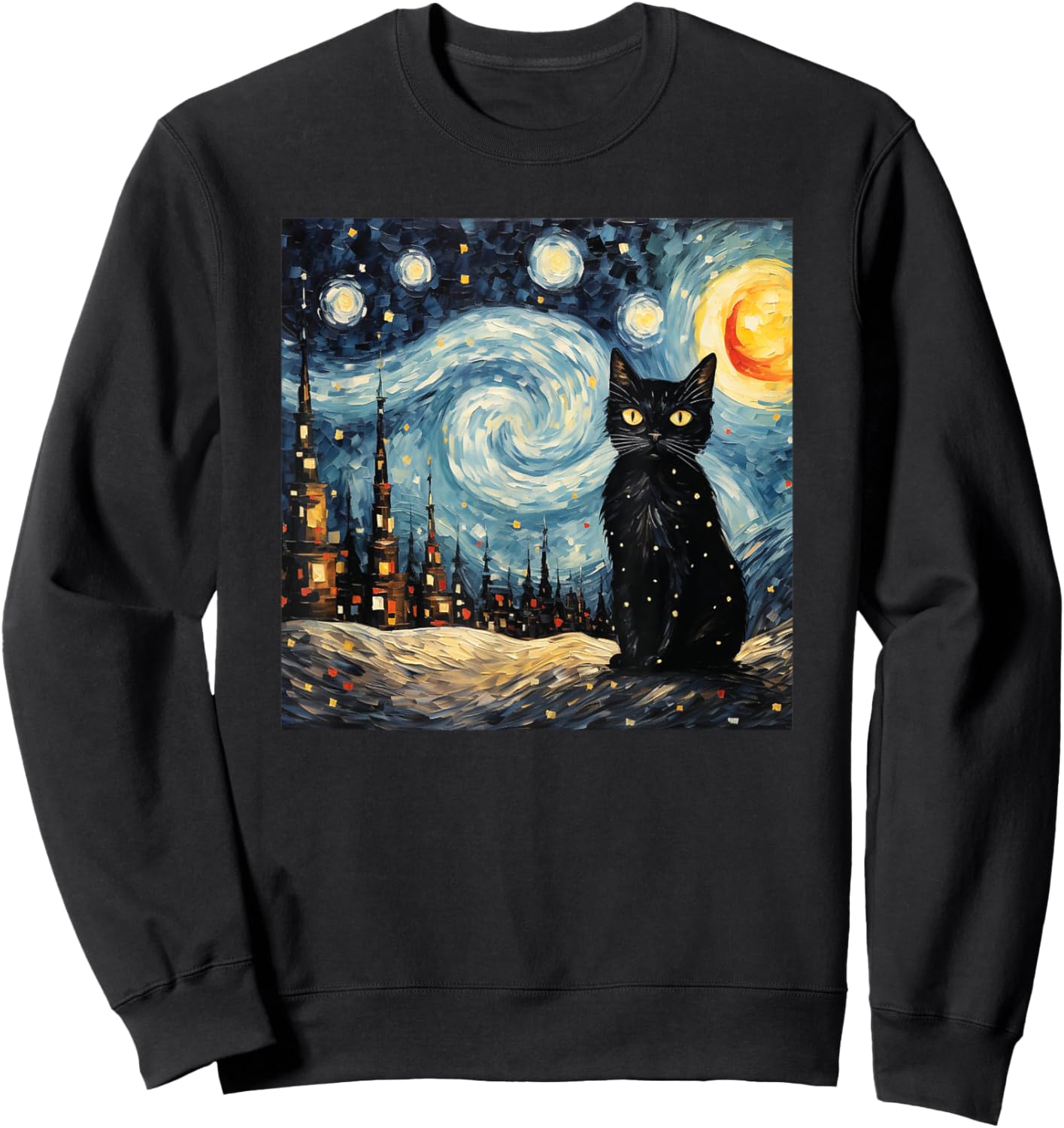 black cat Painting art Starry Night kitty kitten Van Gogh Sweatshirt - Sweatshirt | Black