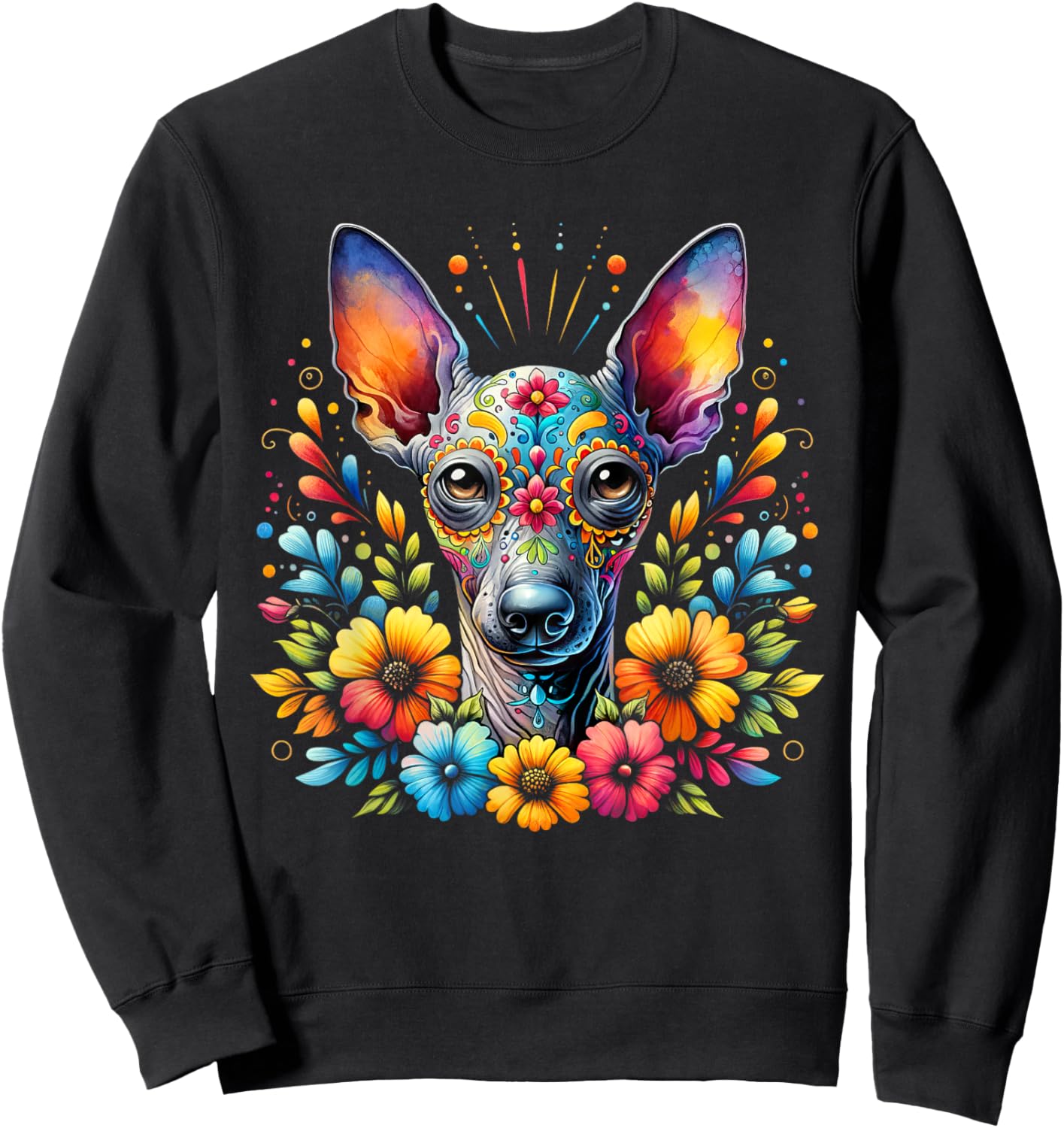 Xoloitzcuintli Dog Sugar Skull Cinco De Mayo Mexican Sweatshirt - Sweatshirt | Black