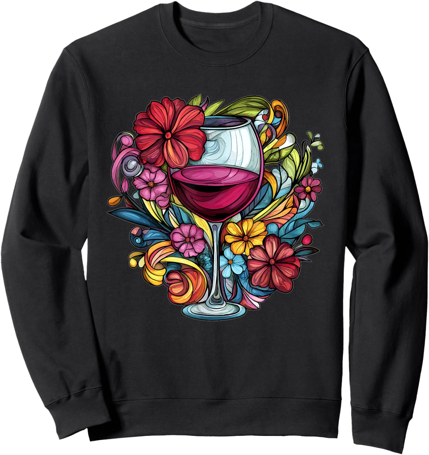 Elegant Wine Glass With Floral Blooms Sweatshirt - Sweatshirt | Black
