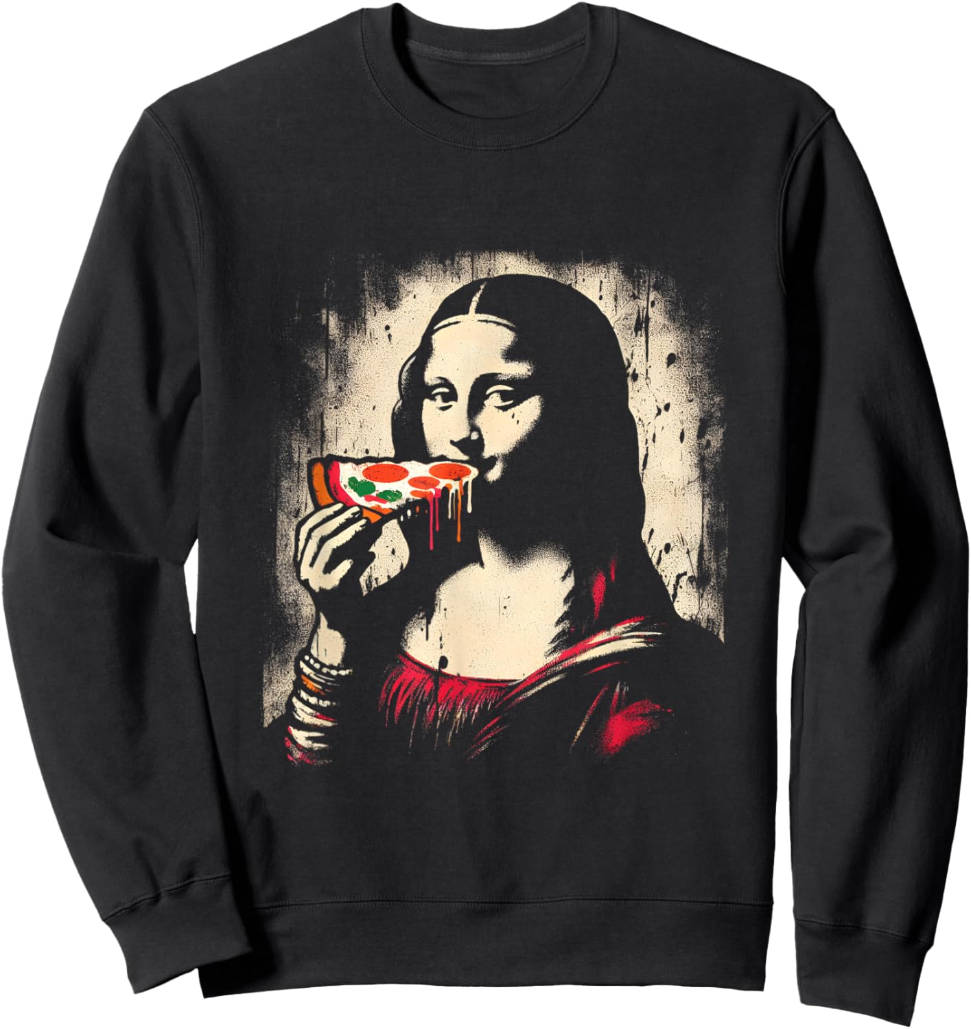 Mona-Lisa Eating Pizza - Funny Graphic Pizza Lover Sweatshirt - Sweatshirt | Black