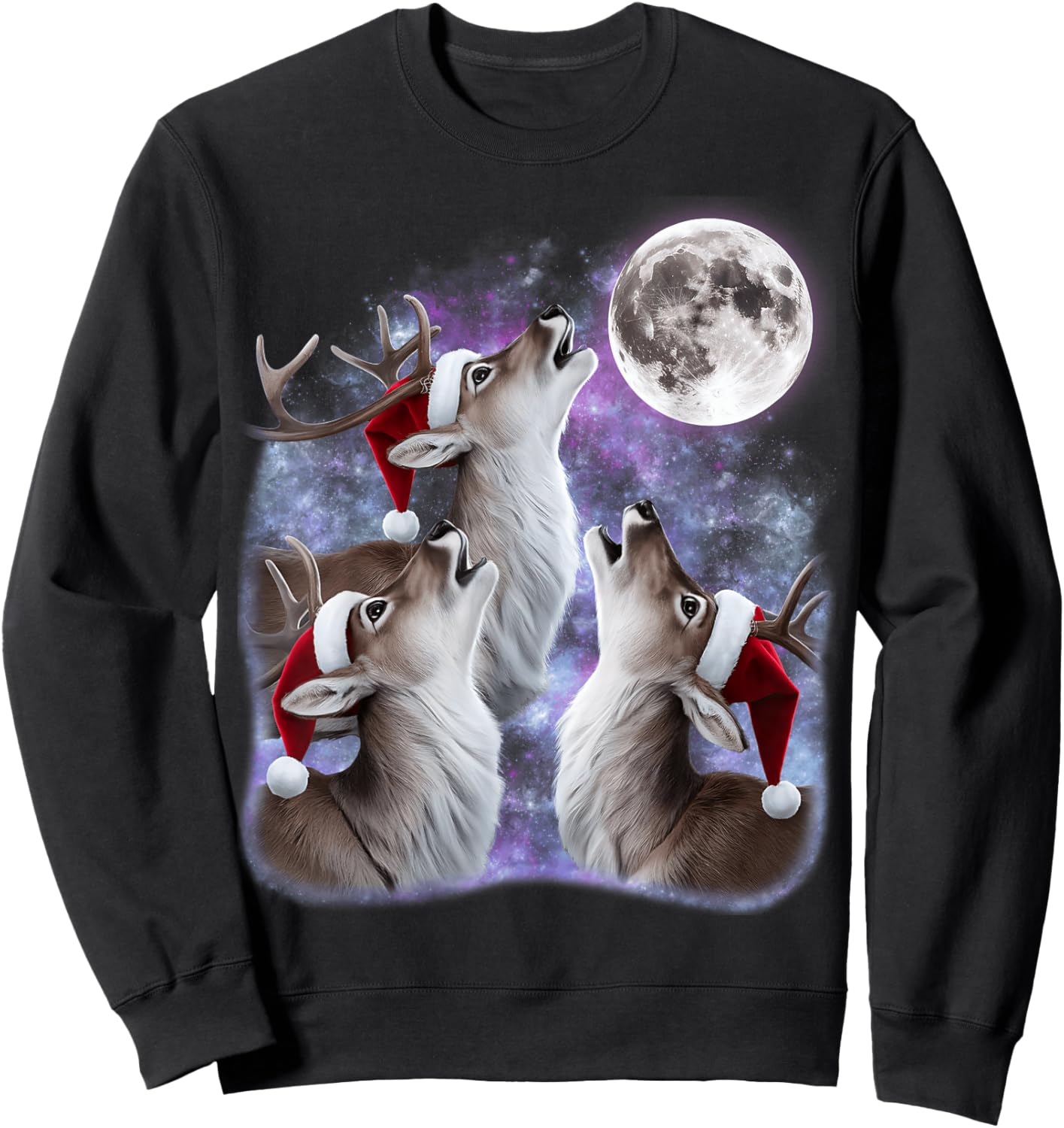 3 Deer Howling At The Moon Santa Hat Meme Funny Deer Lovers Sweatshirt - Sweatshirt | Black