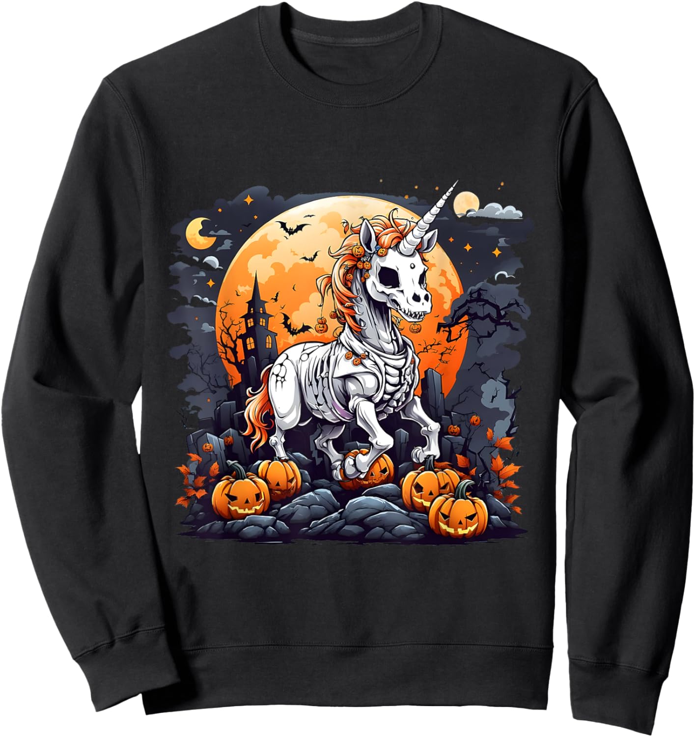 Cute Halloween Skeleton Unicorn Girls Women Witchy Halloween Sweatshirt - Sweatshirt | Black