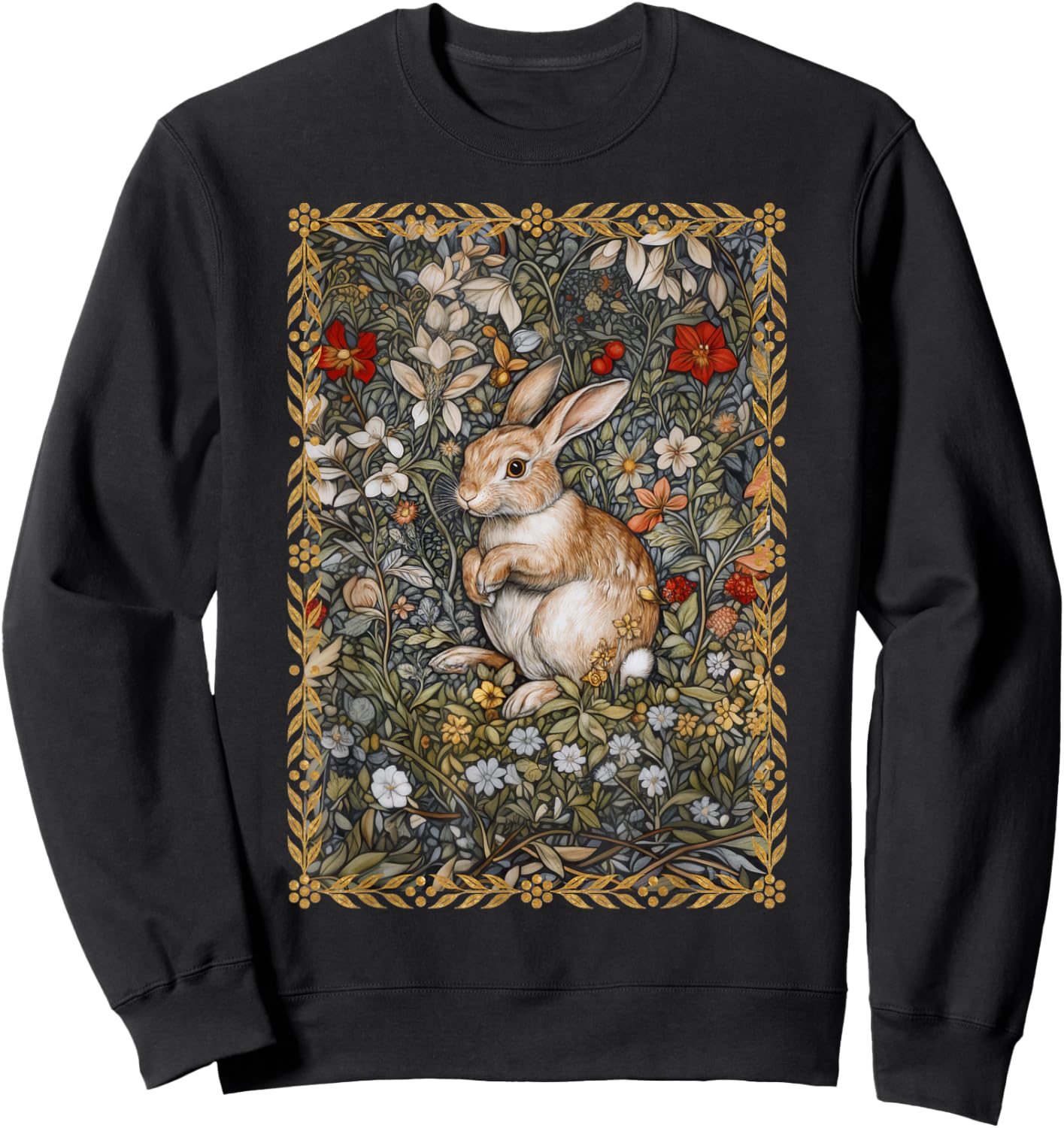 Rabbit in a William Morris Style Flower Garden Sweatshirt - Sweatshirt | Black