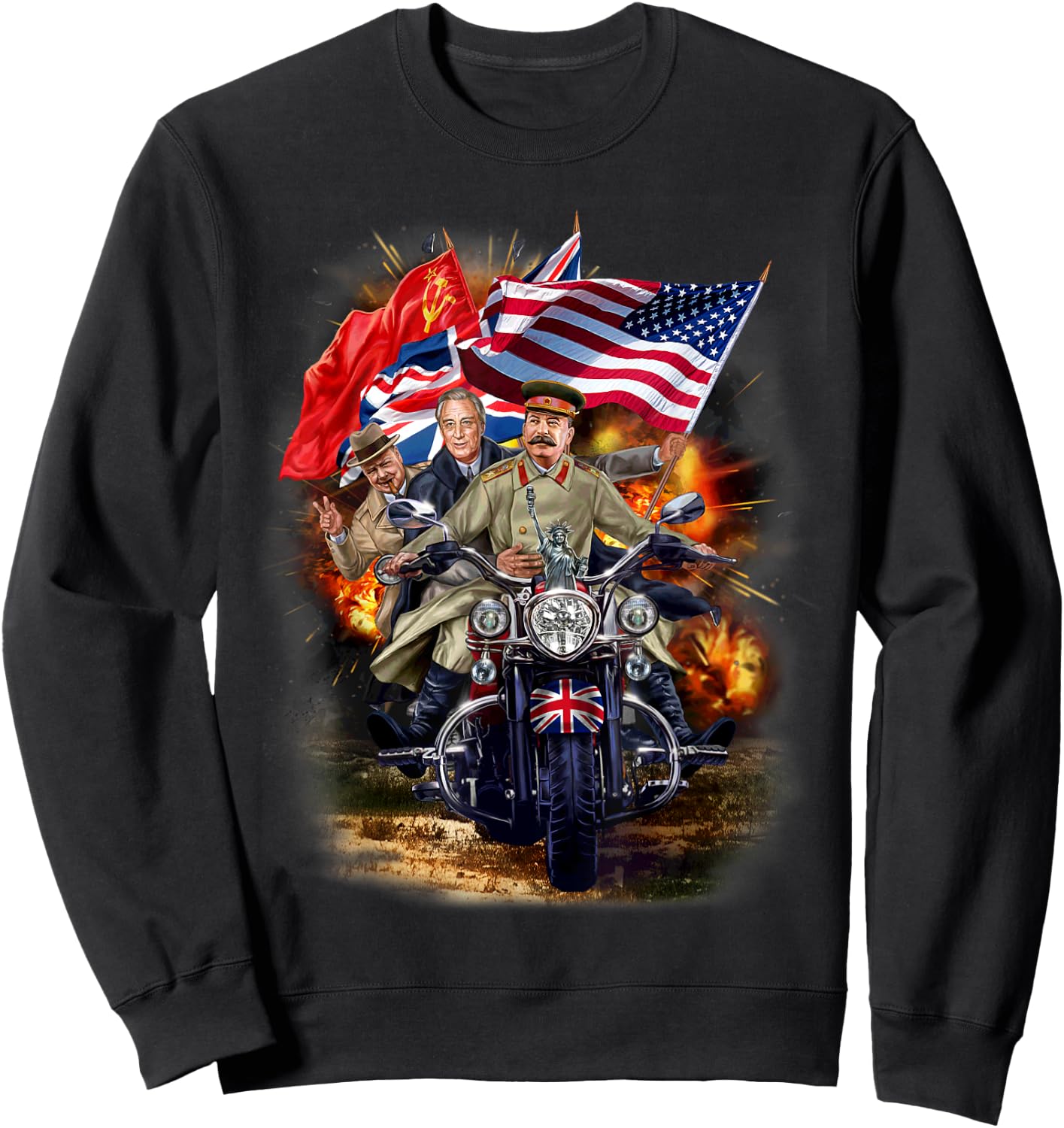 Churchill, Roosevelt and Stalin Riding Motorcycle During WW2 Sweatshirt - Sweatshirt | Black