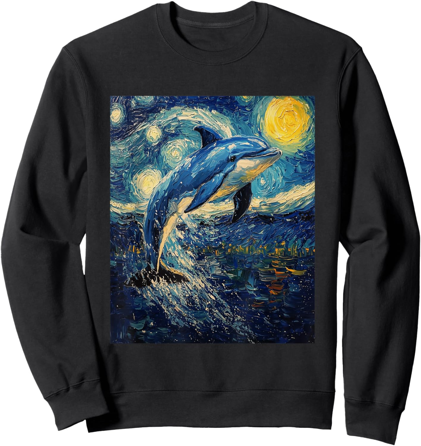 Cute Dolphin - Van Gogh Style - Starry Night Graphic Sweatshirt - Sweatshirt | Black