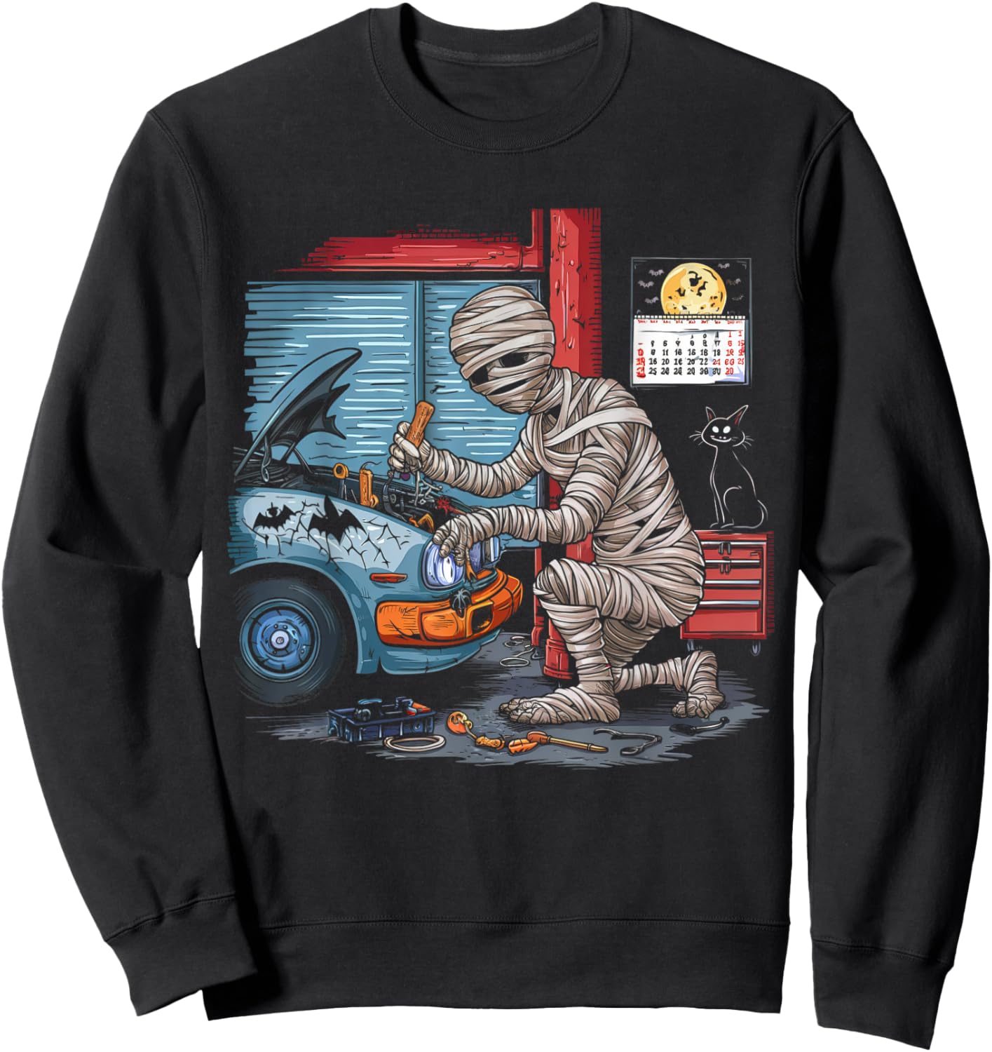 Car Lover Halloween Shirt Creepy Mechanic Mummy Scary Garage Sweatshirt - Sweatshirt | Black