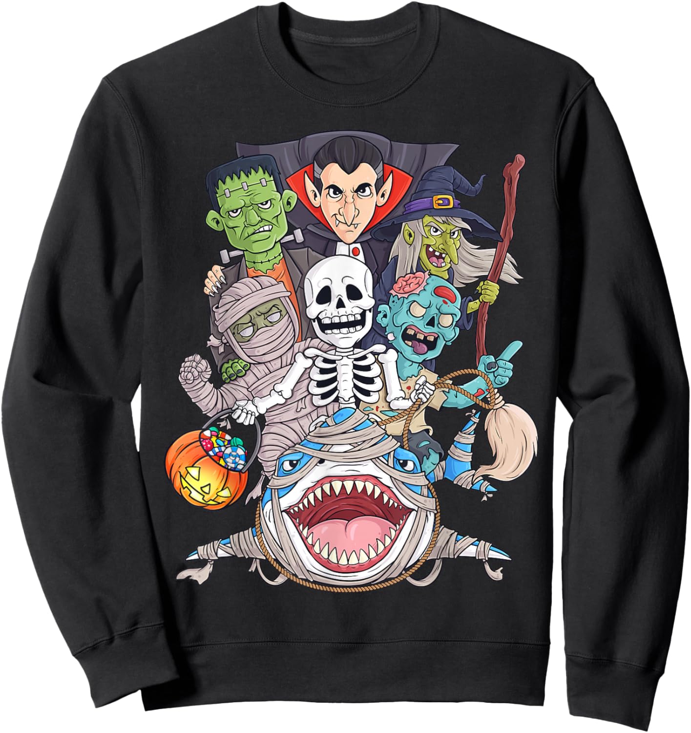 Skeleton Zombie Riding Mummy Shark Funny Halloween Pumpkin Sweatshirt - Sweatshirt | Black