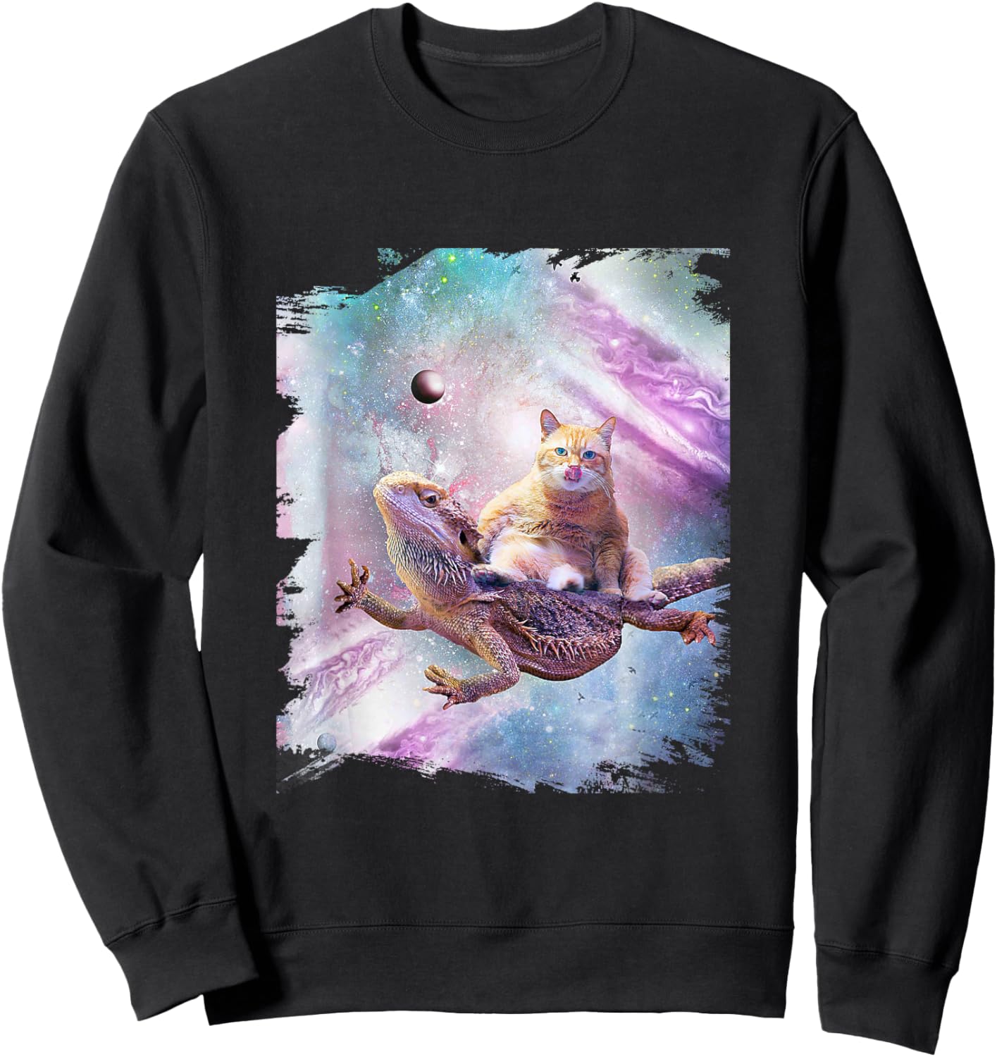 Bearded Dragon Lizard Riding Space Cat Sweatshirt - Sweatshirt | Black