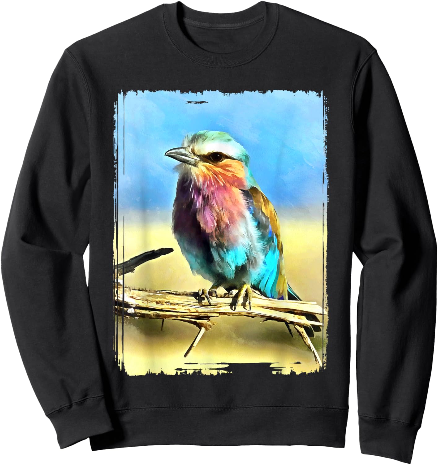 Colorful Bird Wildlife Nature Artistry Canvas Vibrant Lilac Breasted Roller Bird Painting Multicolor -Adult Sweatshirt - Sweatshirt | Black