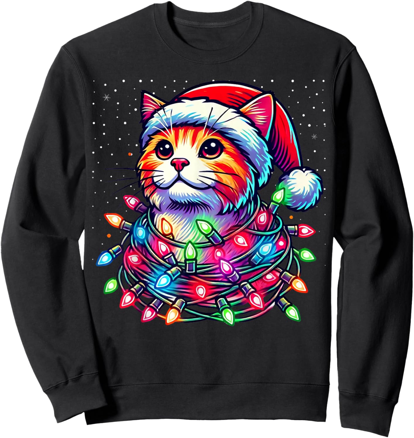 Santa Cat Tangled Up in Christmas Lights Funny Xmas Pajama Sweatshirt - Sweatshirt | Black