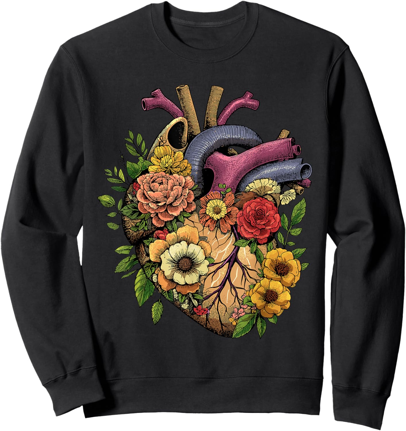 Anatomical Heart Shirt Floral Organ Cardiology Cardiac Nurse Sweatshirt - Sweatshirt | Black