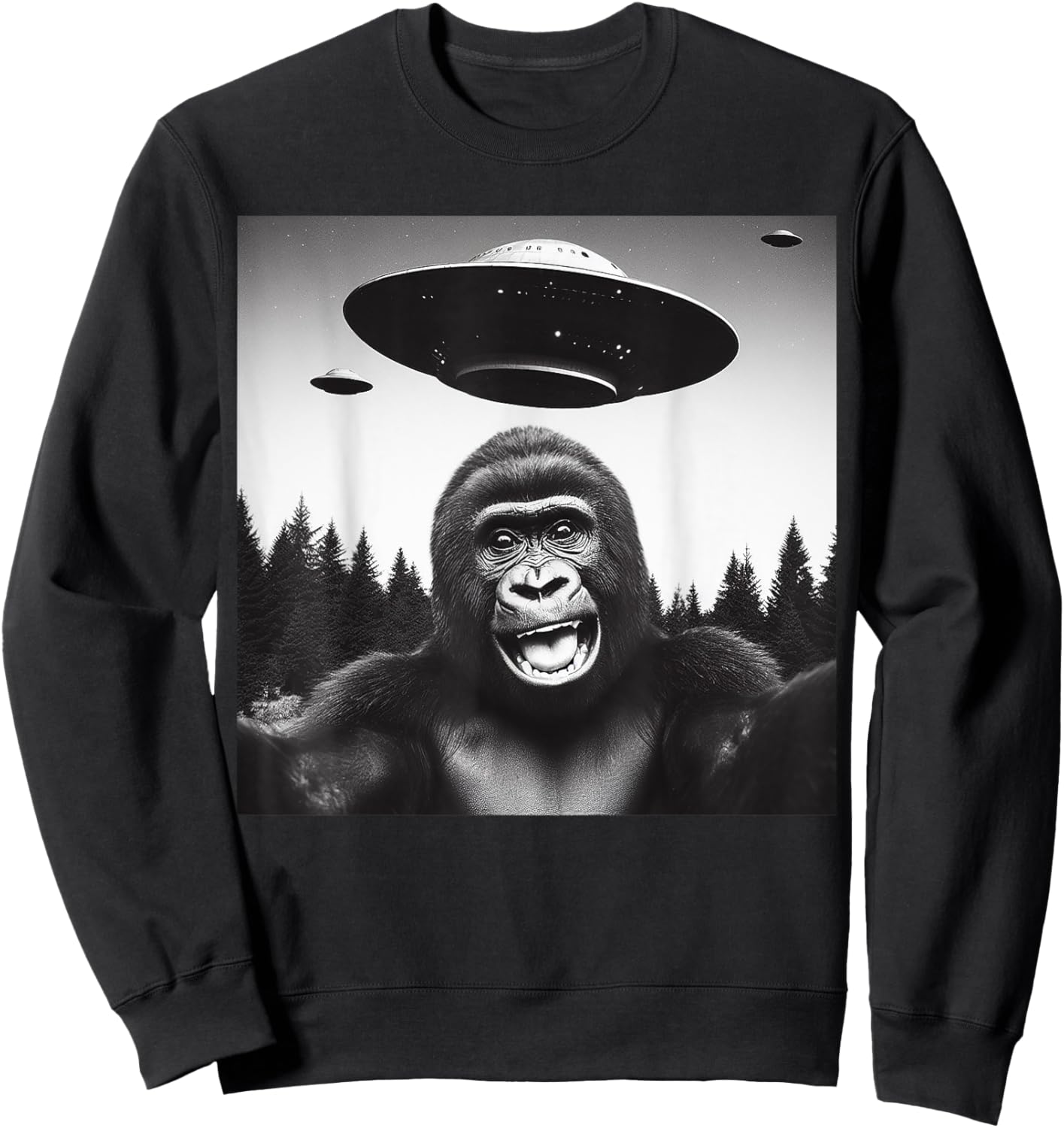 Gorilla Selfie With Alien UFO Funny Gifts Women Kid Sweatshirt - Sweatshirt | Black