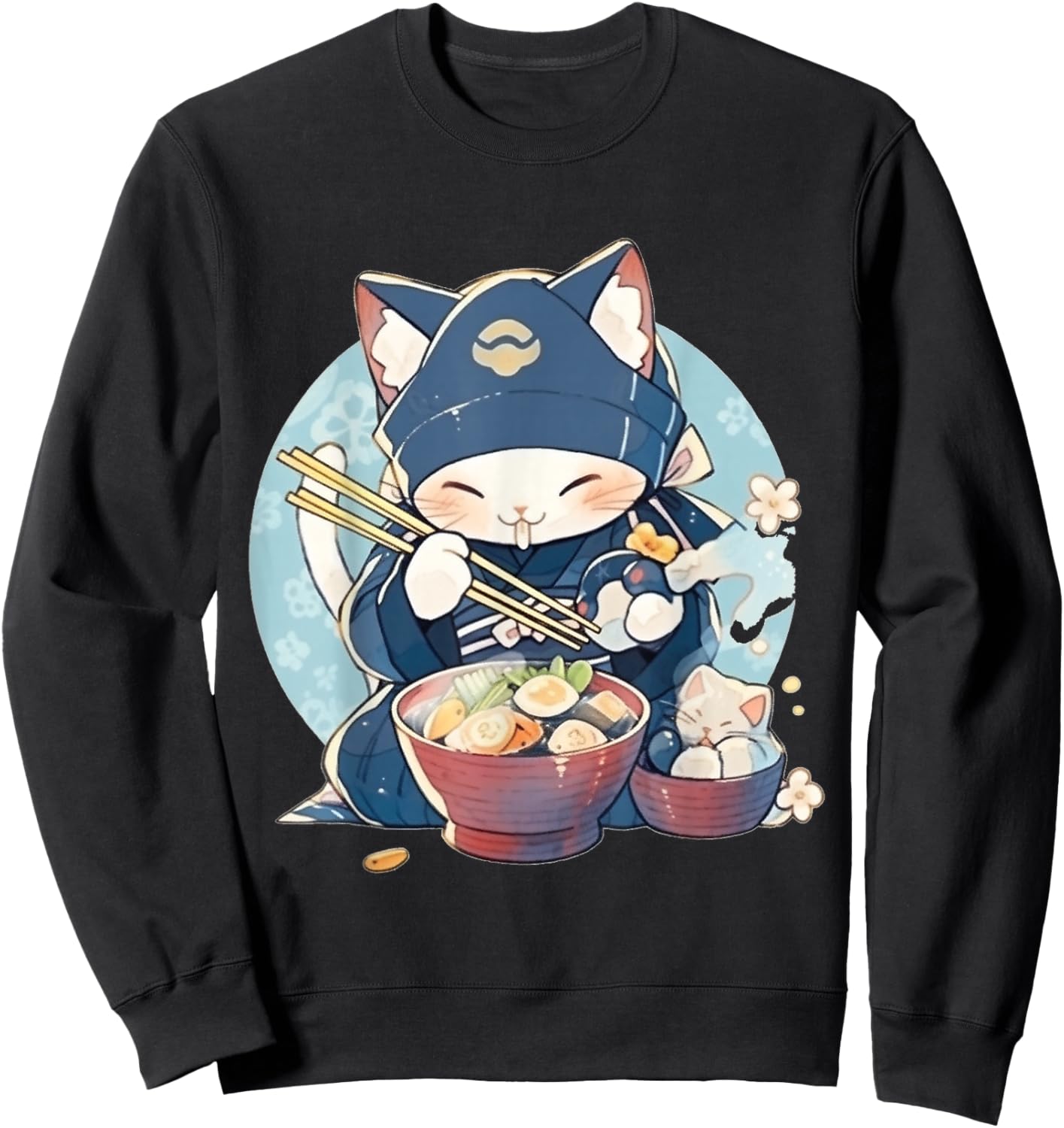 Japanese Art Ramen Cat Ninja Ukiyo-e Anime Style Samurai Cat Sweatshirt - Sweatshirt | Black