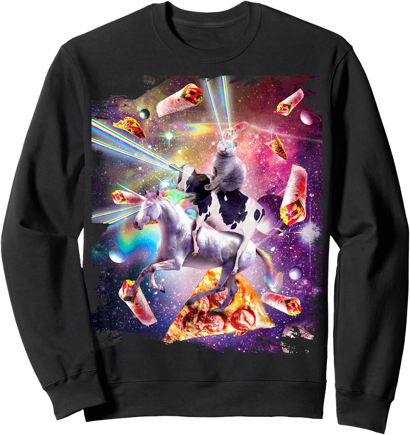 Laser Eye Space Cat on Cow Unicorn - Rainbow Sweatshirt - Sweatshirt | Black