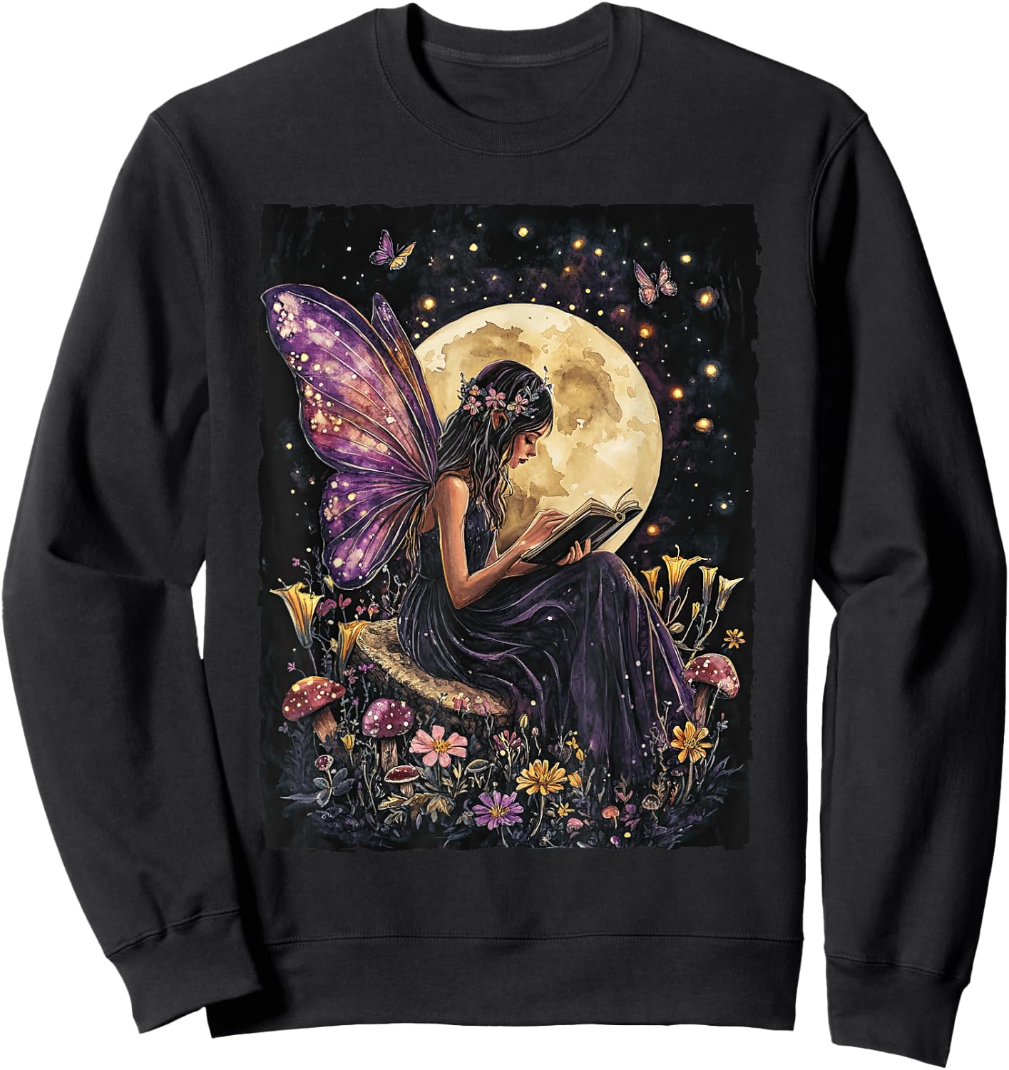 Whimsical Book Fairy Reading Bookish Fairycore Sweatshirt - Sweatshirt | Black