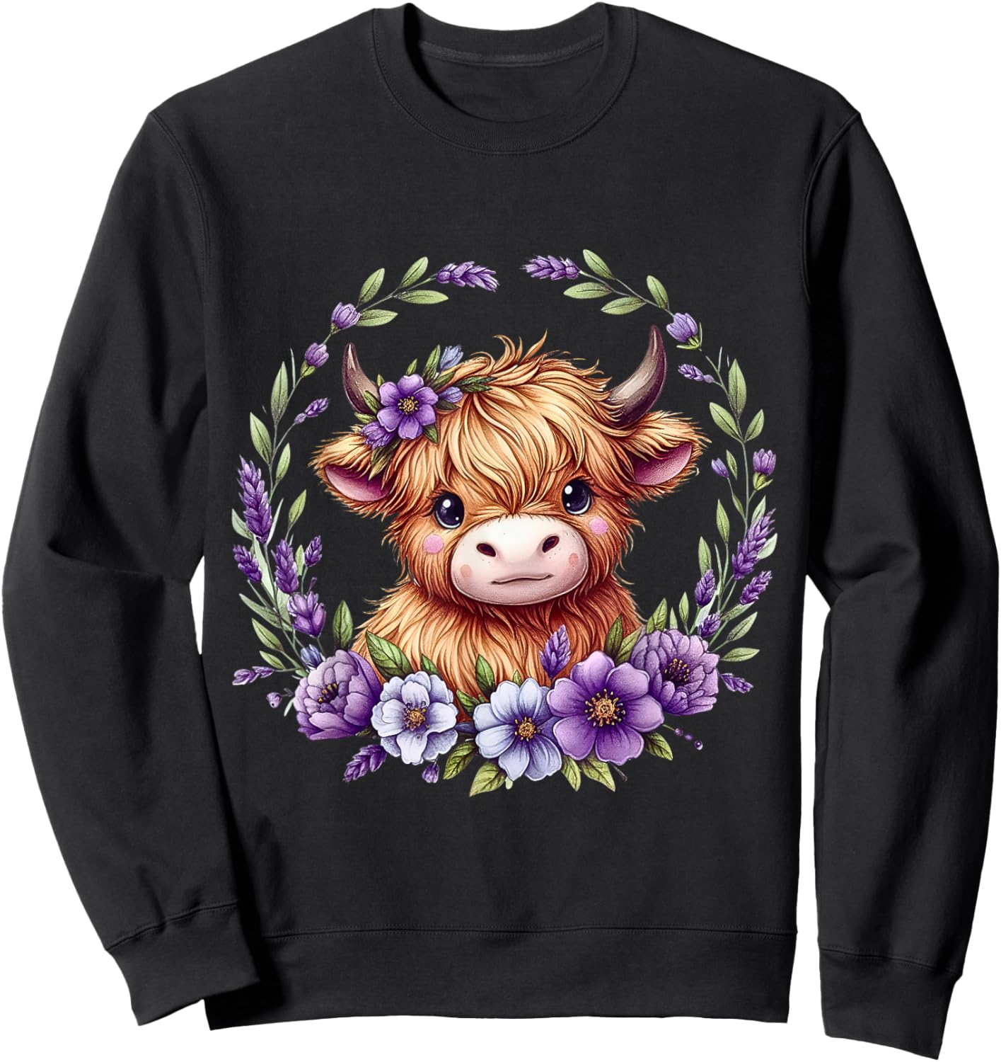 Baby Highland Cow with Purple Flowers Scottish Farm Sweatshirt - Sweatshirt | Black