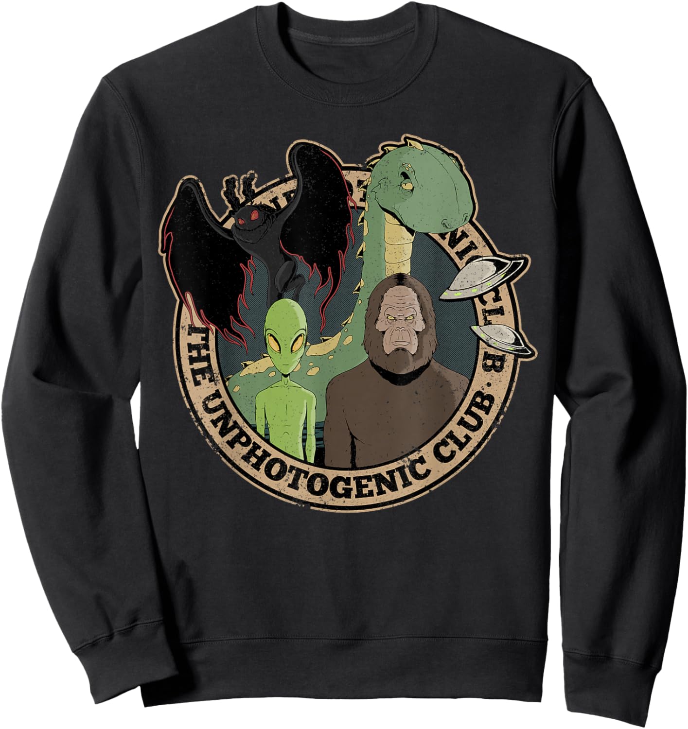 Unphotogenic Club Cryptid Alien Bigfoot Mothman Loch Ness Sweatshirt - Sweatshirt | Black