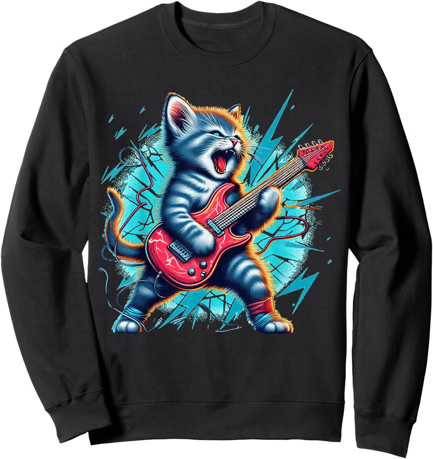 Rockstar Kitten Cute Cat playing Guitar Adorable Music Art Sweatshirt - Sweatshirt | Black
