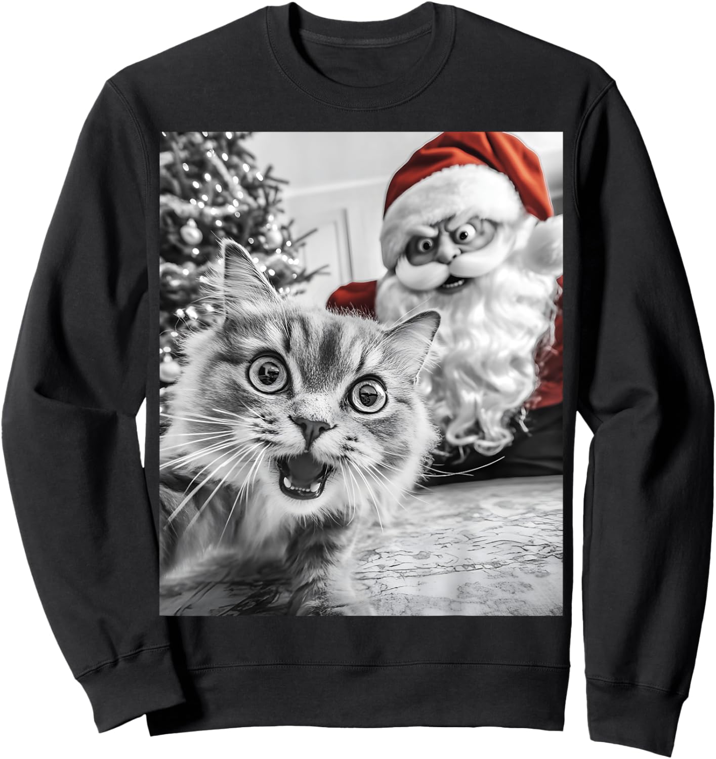 Funny Cat Selfie With Santa Christmas Men Women Sweatshirt - Sweatshirt | Black