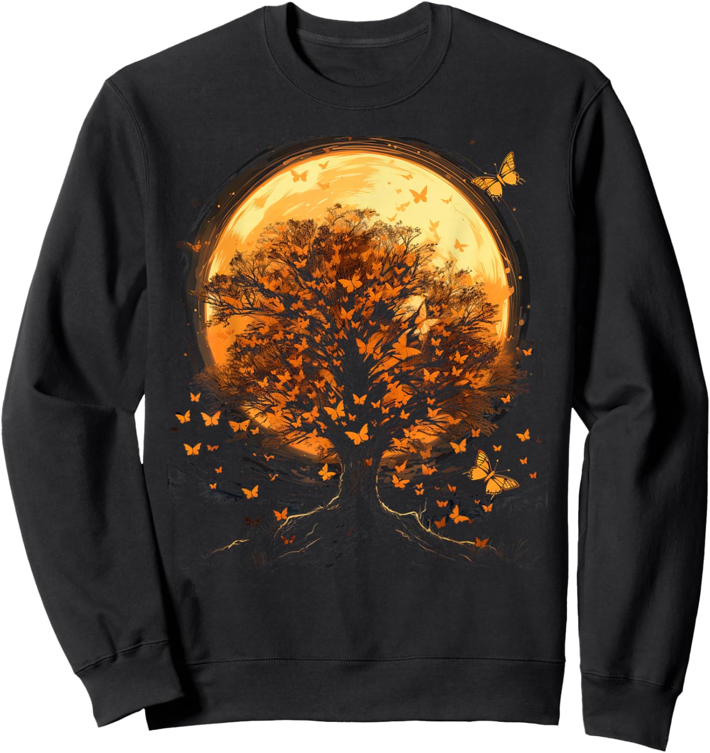 Fall Autumn falling leaves with Tree and Butterfly Sweatshirt - Sweatshirt | Black