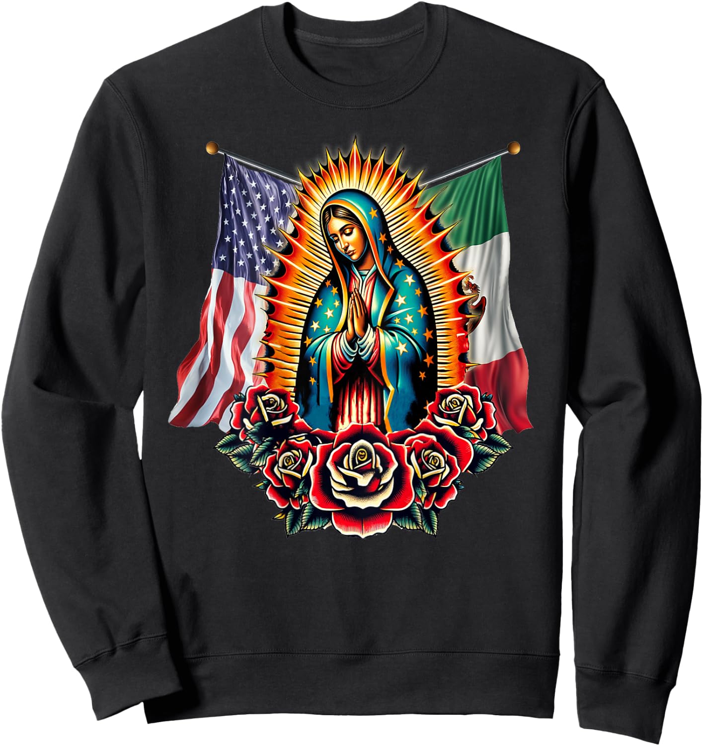 Virgen De Guadalupe Virgin Mary Mexican American Flag Sweatshirt - Sweatshirt | Black