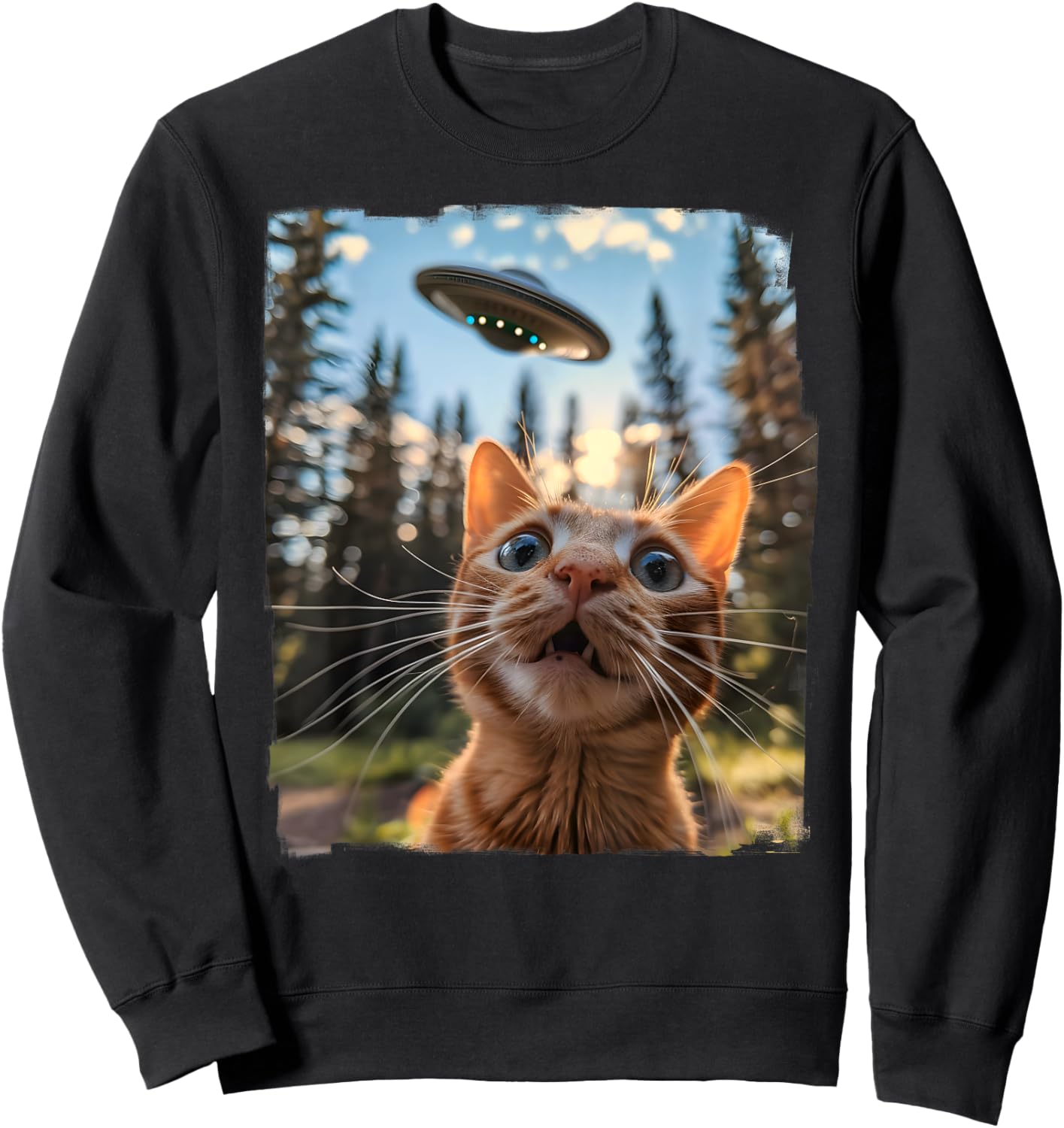 Extraterrestrial Encounter: Cat Selfie with Alien UFO Men Women Kids Sweatshirt - Sweatshirt | Black