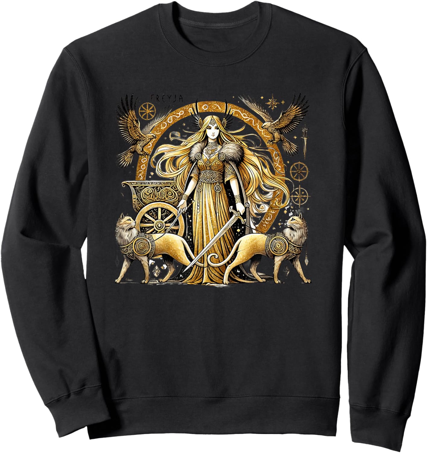 Freyja Norse Goddess of Love and War, Divine Duality, Grace -Adult , Black, Small, Short Sleeve Sweatshirt - Sweatshirt | Black