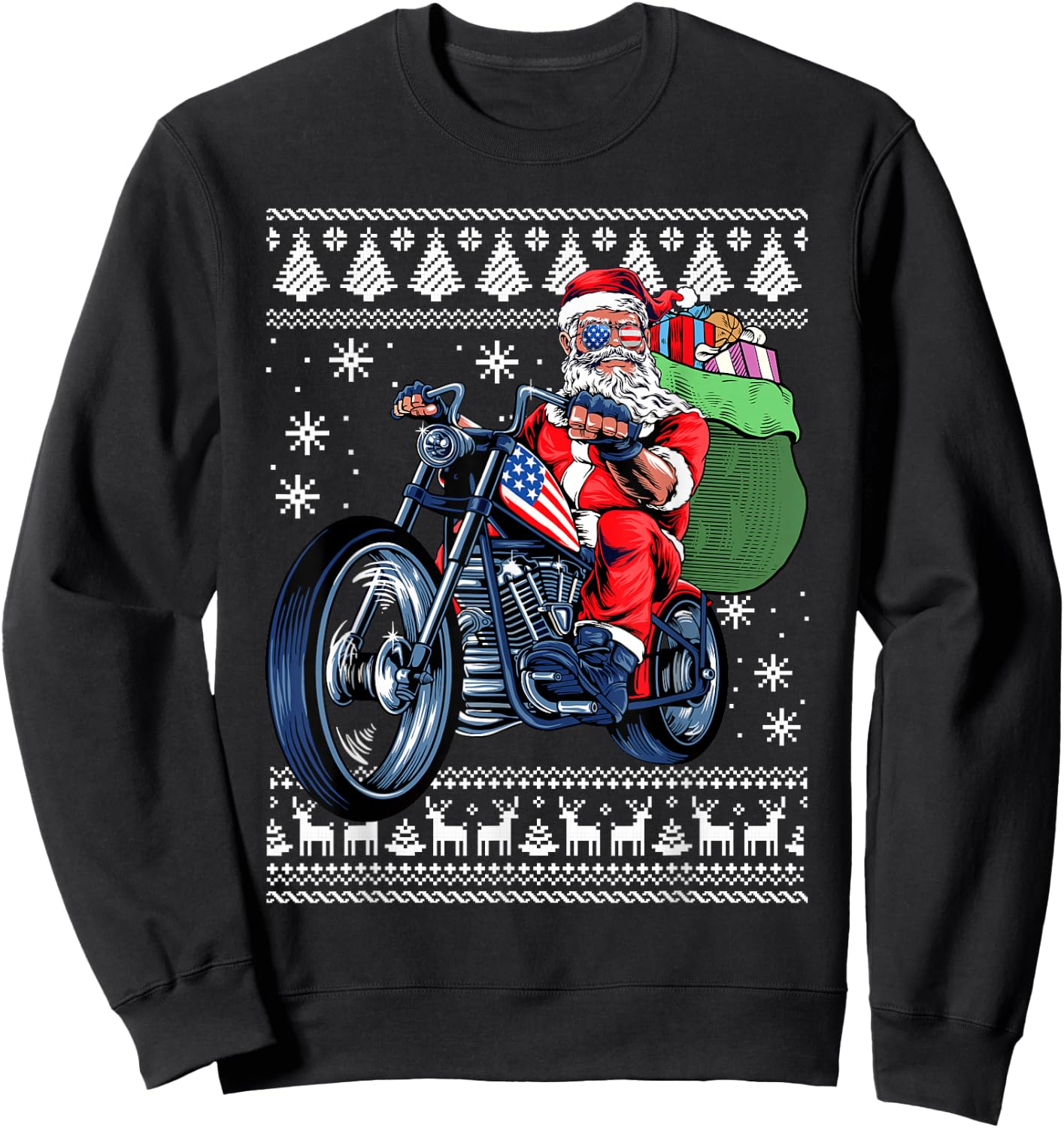 Santa Claus With Motorcycle Xmas Tree Ugly Christmas Sweater Sweatshirt - Sweatshirt | Black