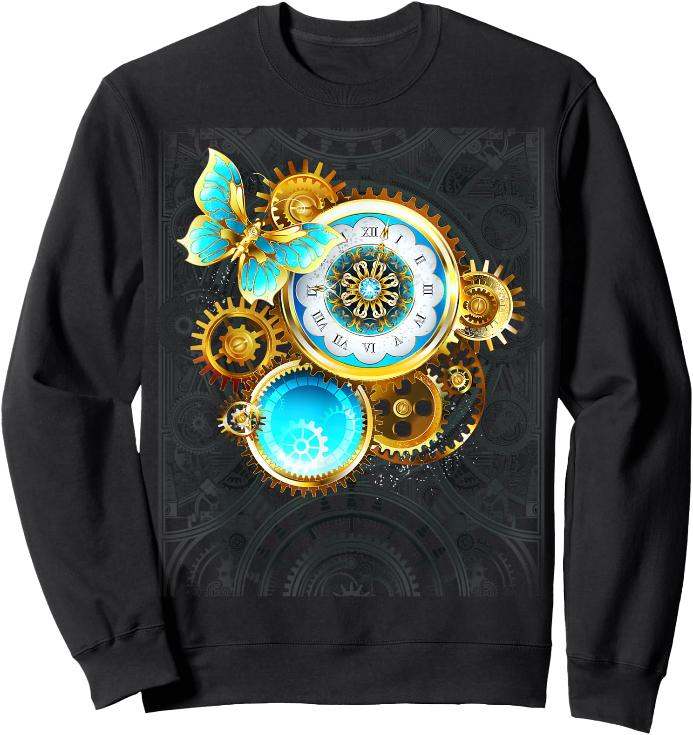 Steampunk Blue Butterfly Vintage Clock Gears Goth Gift Women Sweatshirt - Sweatshirt | Black