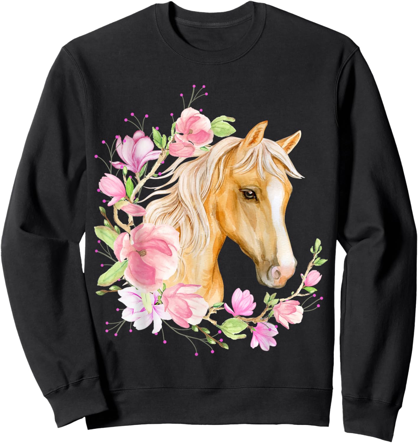Palomino Horse, Magnolias, Horse Lovers, Blonde Horse Floral Sweatshirt - Sweatshirt | Black