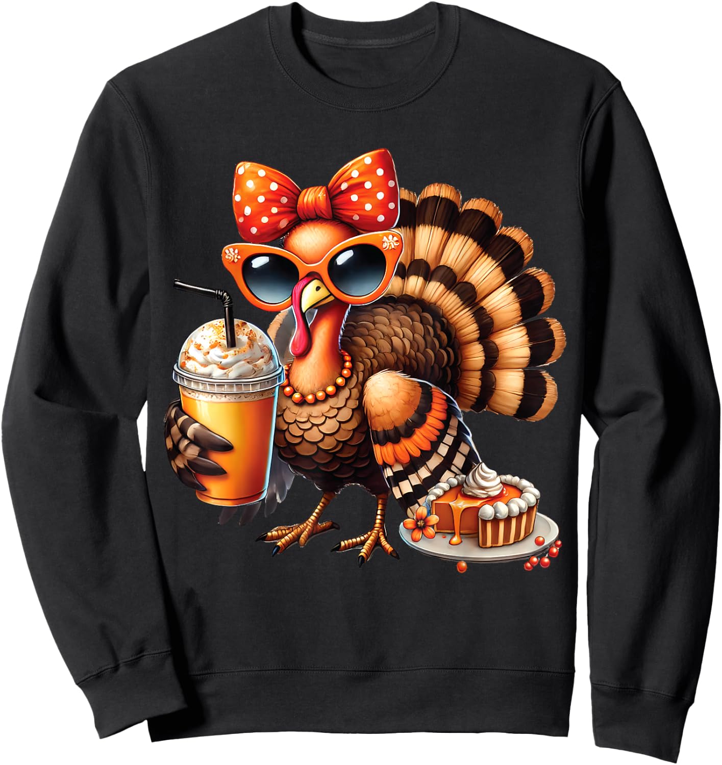 Turkey Drinking Coffee Bow Thanksgiving Turkey Day Sweatshirt - Sweatshirt | Black