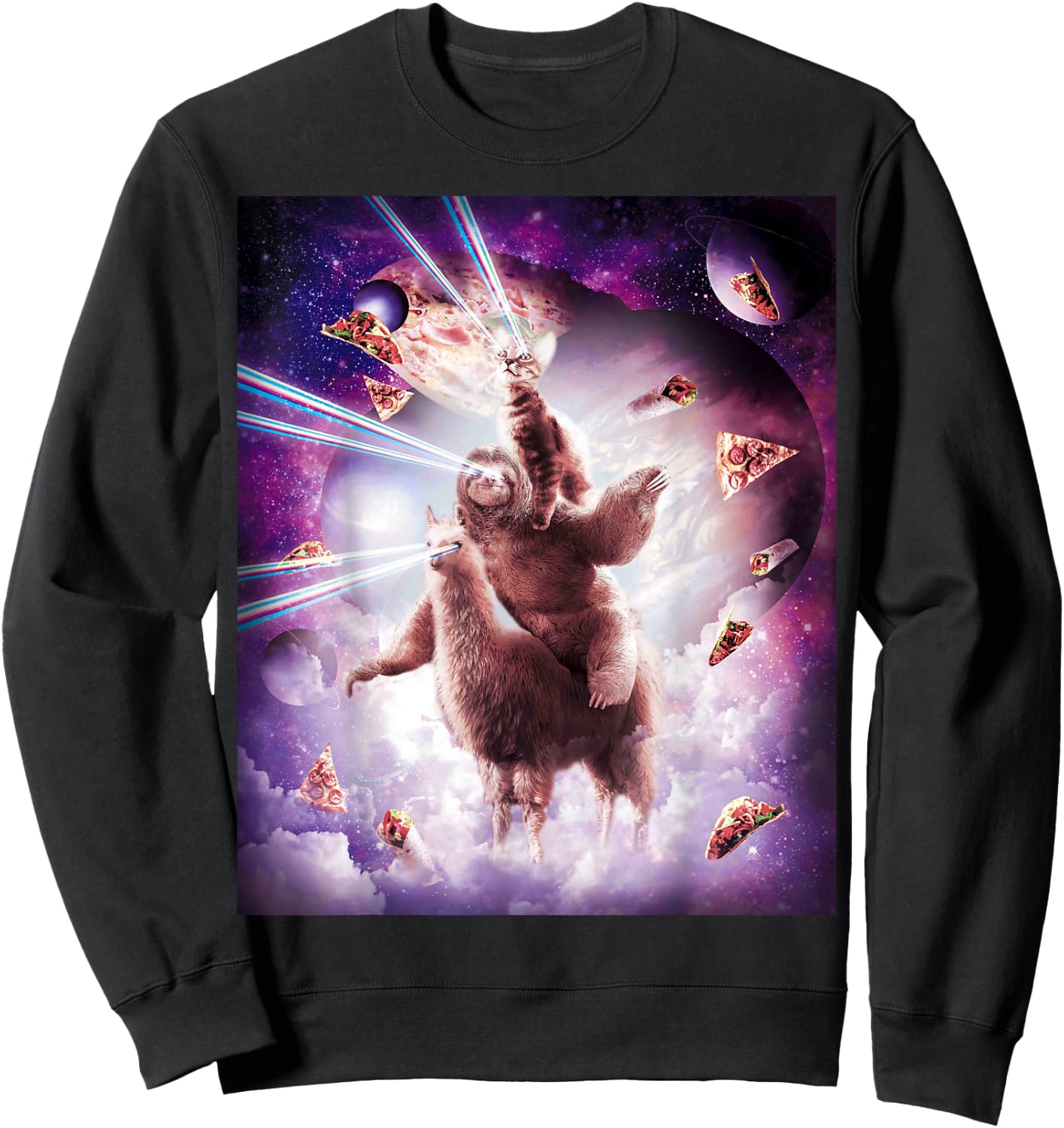 Laser Eyes Space Cat Riding Sloth, Llama - Rainbow Sweatshirt - Sweatshirt | Black
