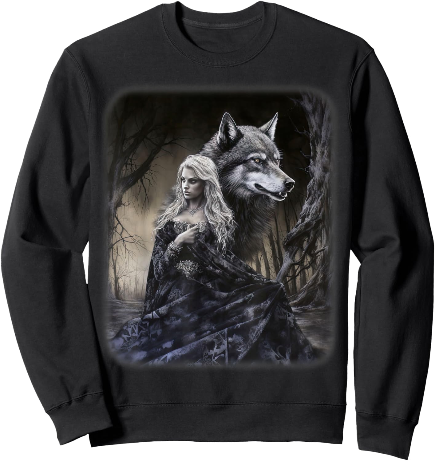 Woman and Gray Wolf in Forest Moon Fantasy Art Painting Sweatshirt - Sweatshirt | Black