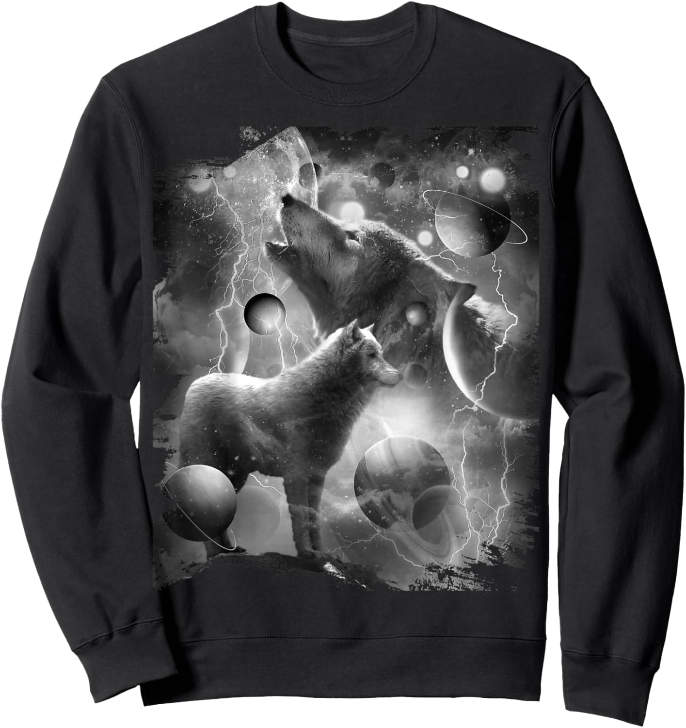 Black and White Wolf Lightning, Cosmic Wolves Howling Sweatshirt - Sweatshirt | Black