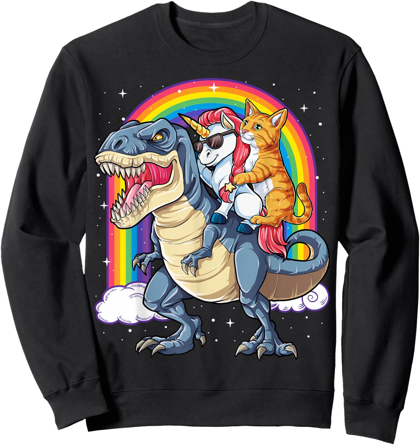 Cat Unicorn Riding Dinosaur T rex Kitten Lover Space Galaxy Sweatshirt - Sweatshirt | Black