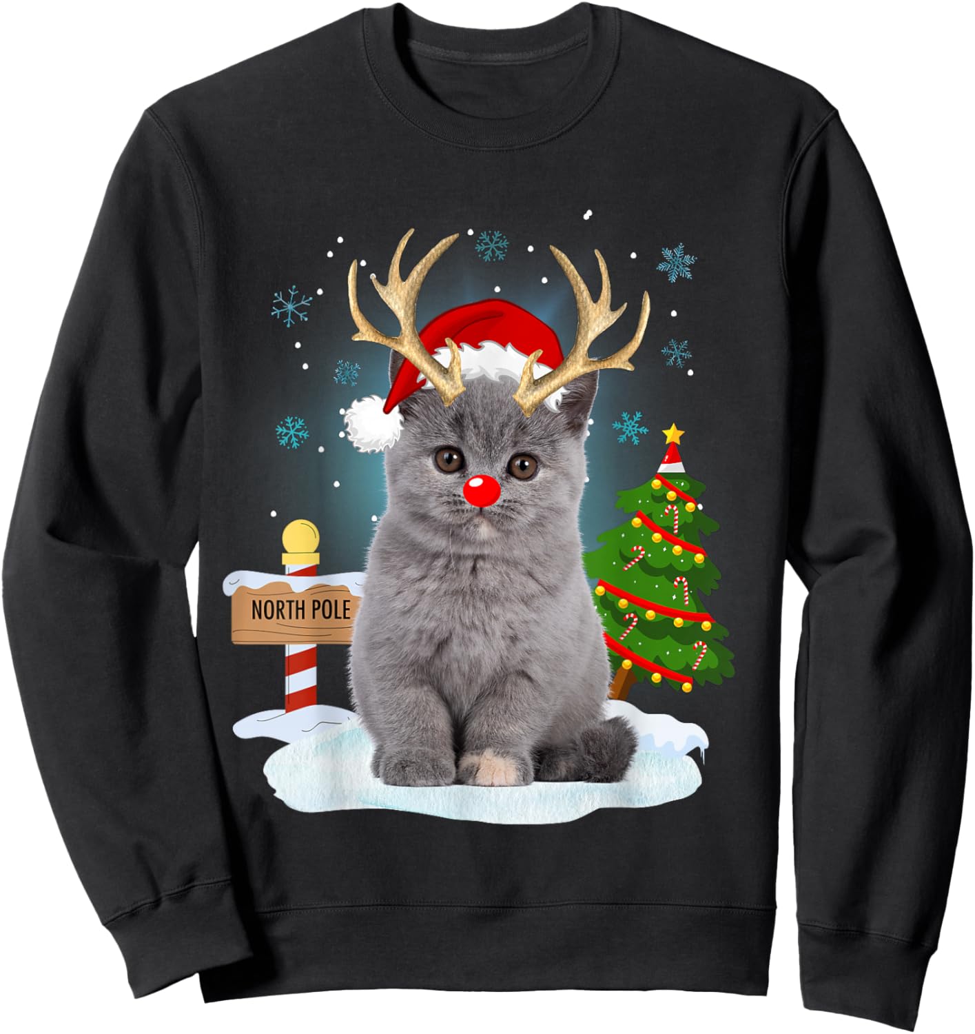 Funny Ugly Sweater Cat Reindeer North Pole Christmas Sweatshirt - Sweatshirt | Black
